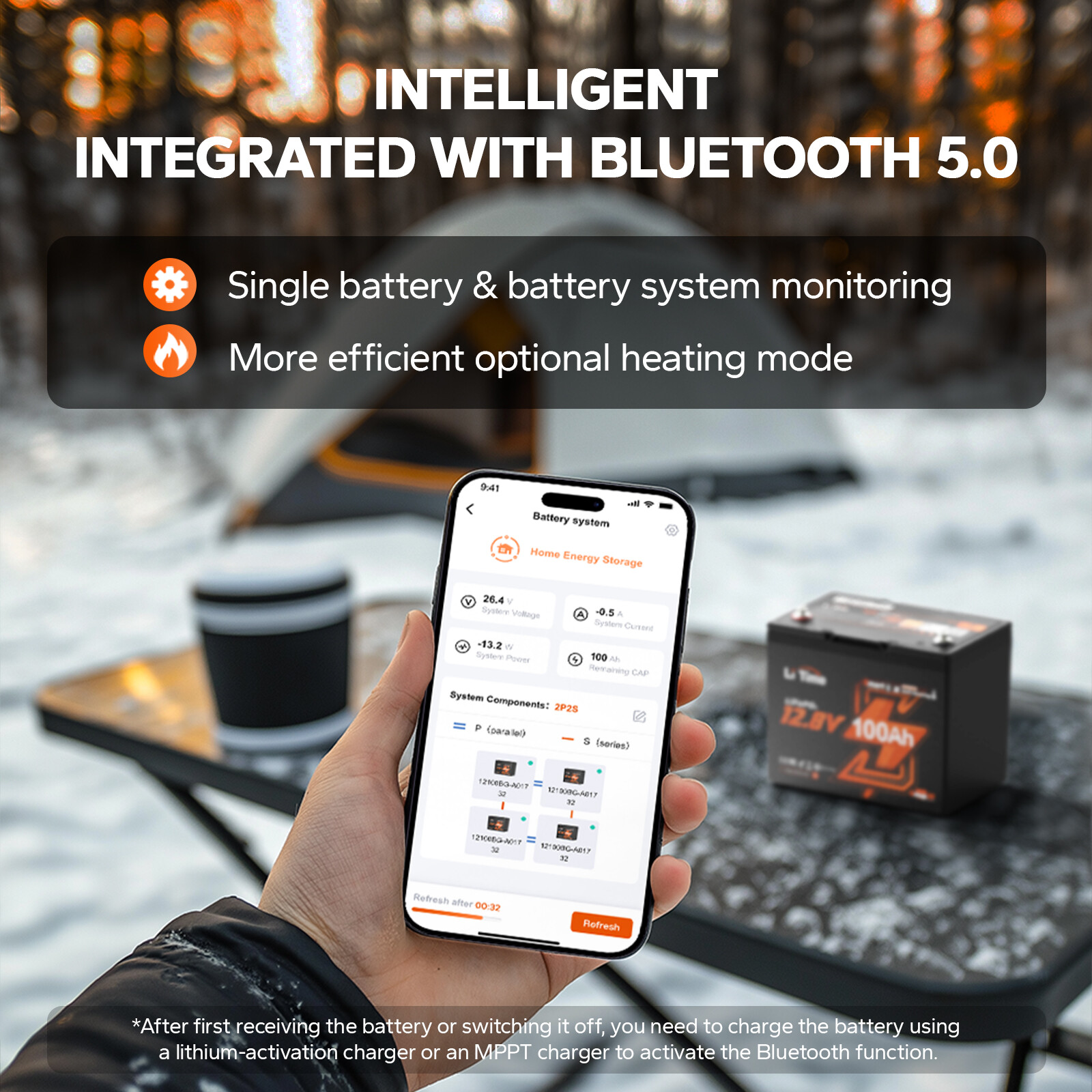 LiTime 12V 100Ah LiFePO4 Self Heating Battery Group 24 Size Bluetooth RV Lithium