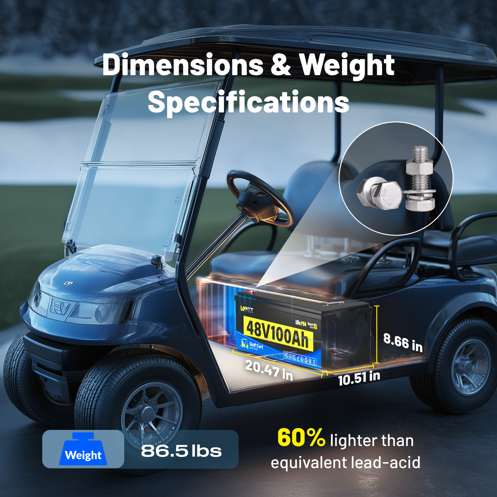 WattCycle 48V 100Ah LiFePO4 Golf Cart Battery Bluetooth + 15A Charger Included