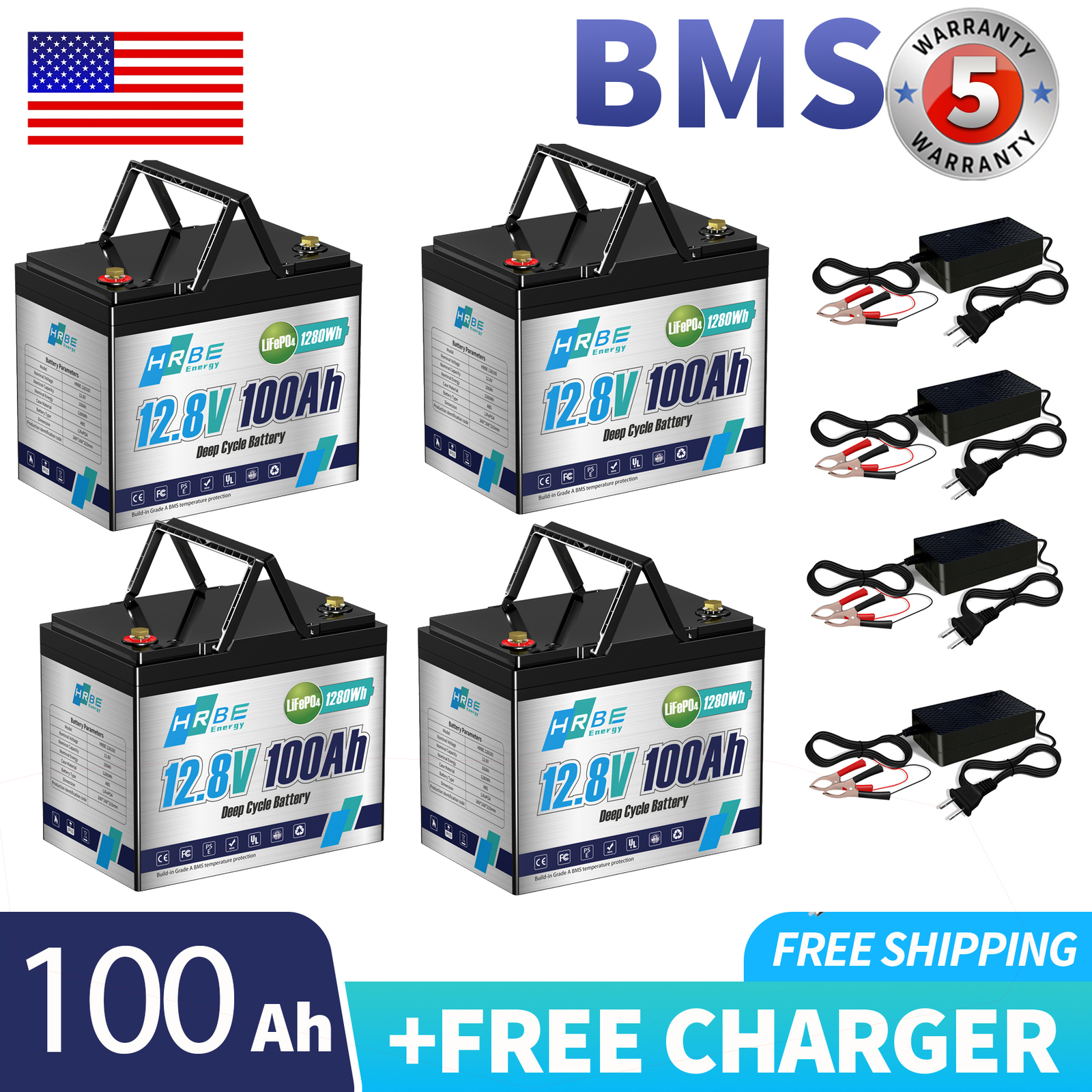 4 Pack 12V 100AH LiFePO4 Lithium Battery 100A BMS 10000+ cycles RV Solar Panel