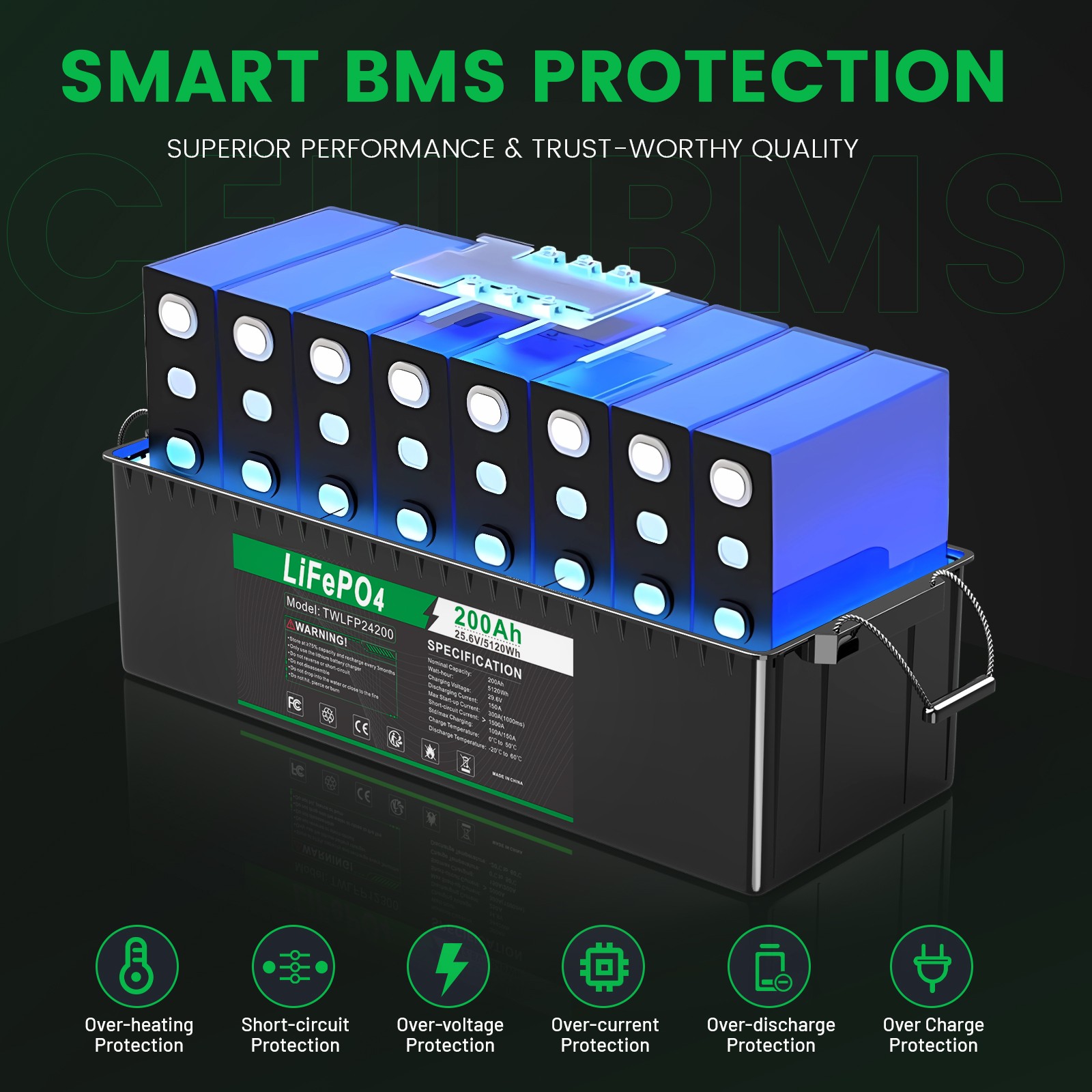 24V 100Ah 200Ah LiFePO4 Lithium Battery BMS Deep Cycles for RV Solar Boat Marine