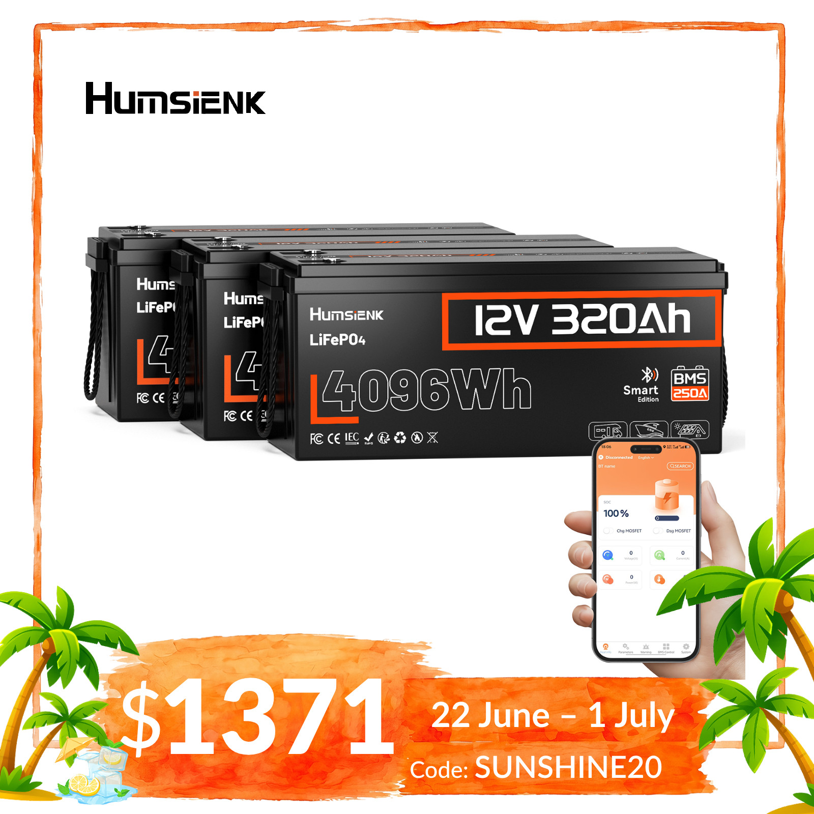 3Pack 12V 320Ah LiFePO4 Lithium Battery 12KWh Humsienk APP Deep Cycles Boat RVs