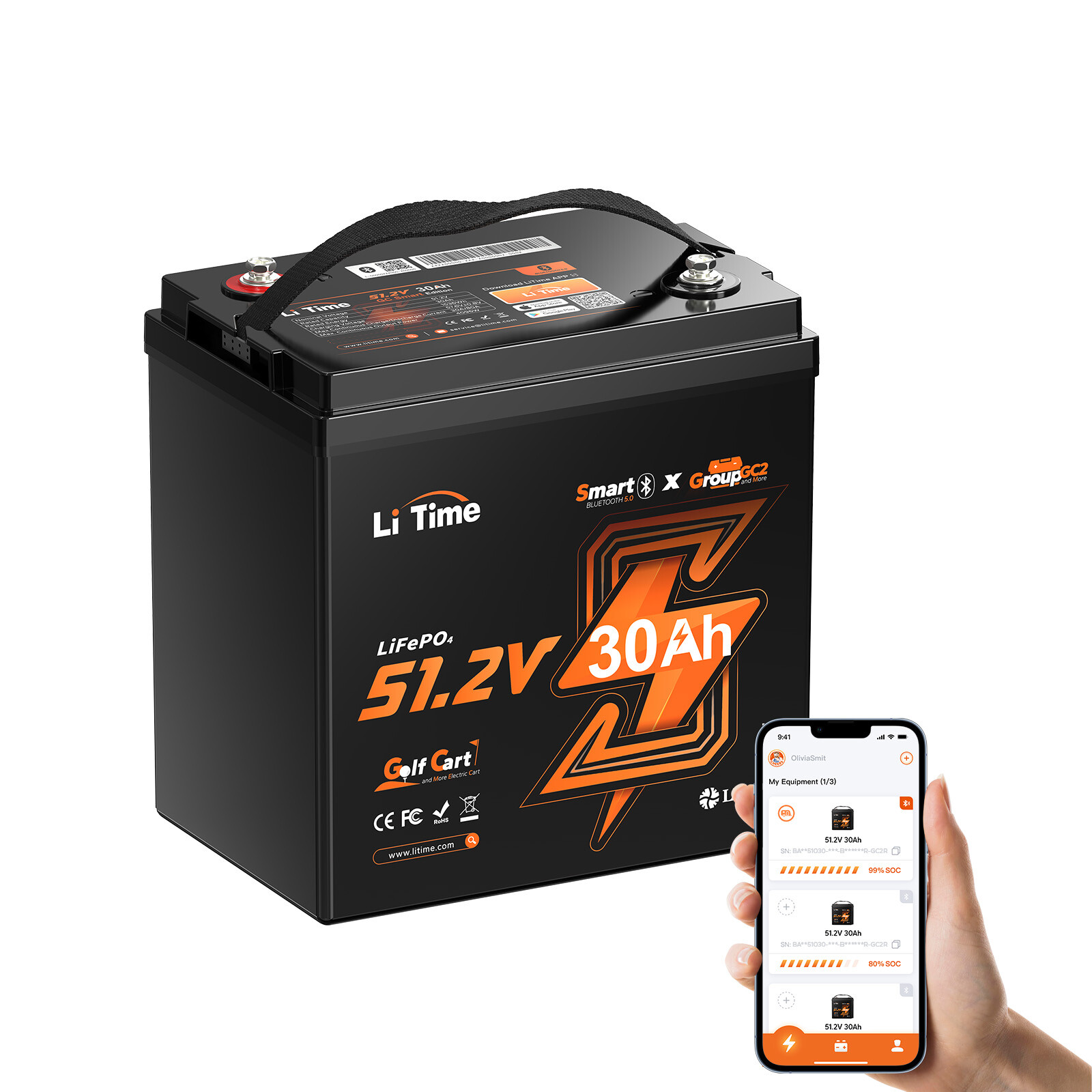 LiTime 48V 30Ah GC2 Bluetooth Low Temp LiFePO4 Lithium Battery For Golf Cart 3kW