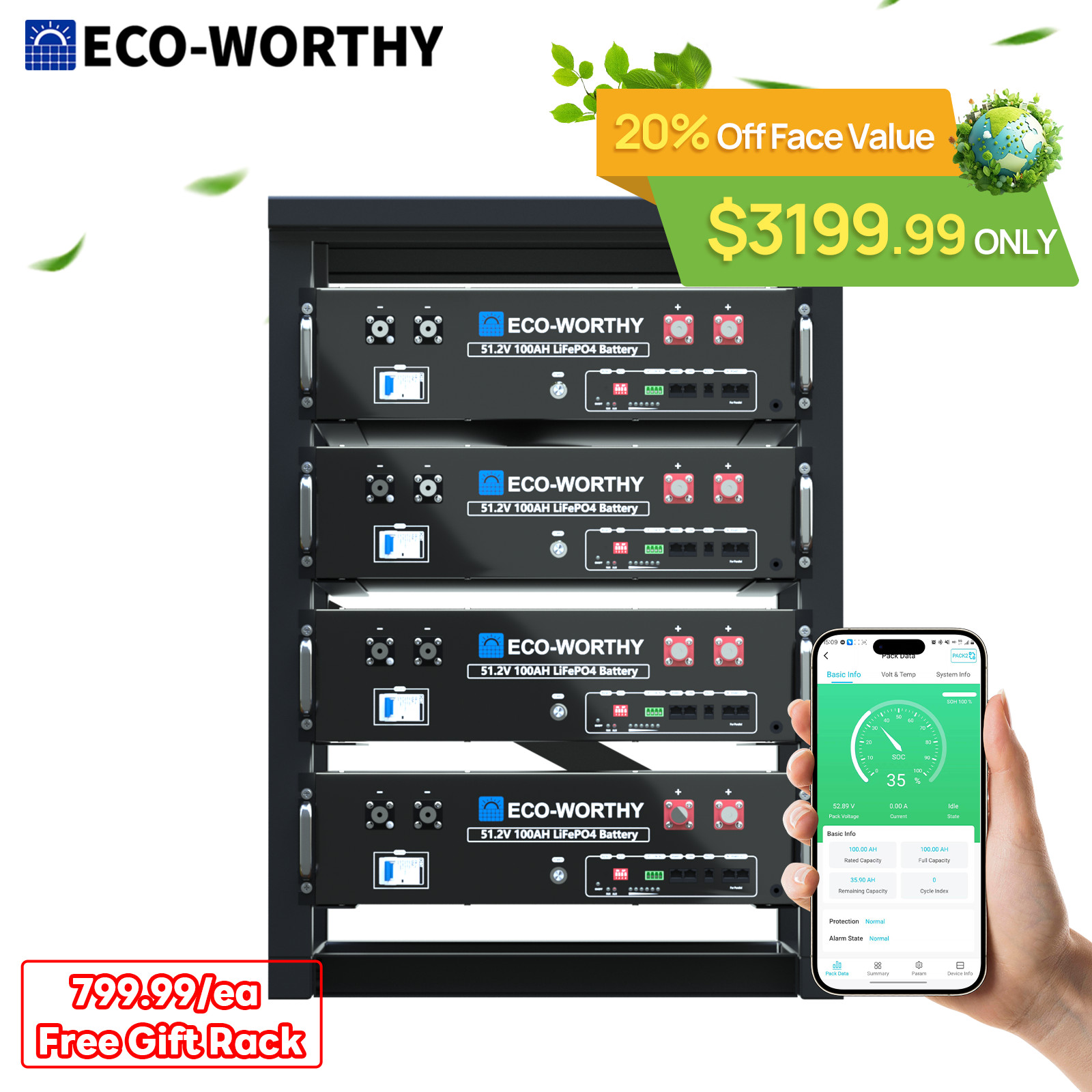 ECO-WORTHY 4Pack 20.48kWh 48V 100AH Server Rack LiFePO4 Lithium Battery 3U Size