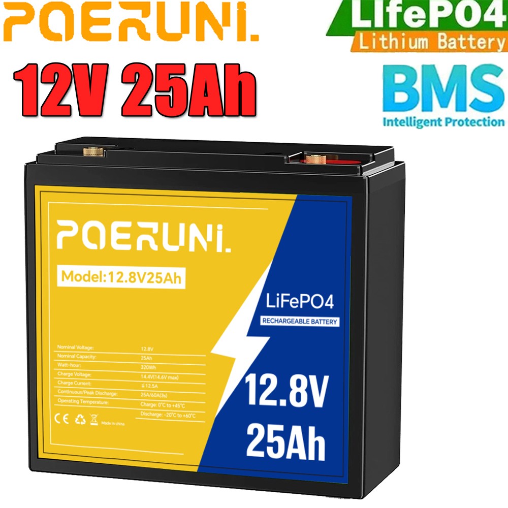 12V 25Ah LiFePO4 Lithium Battery Built-in BMS Deep Cycle for Solar RV Off-grid