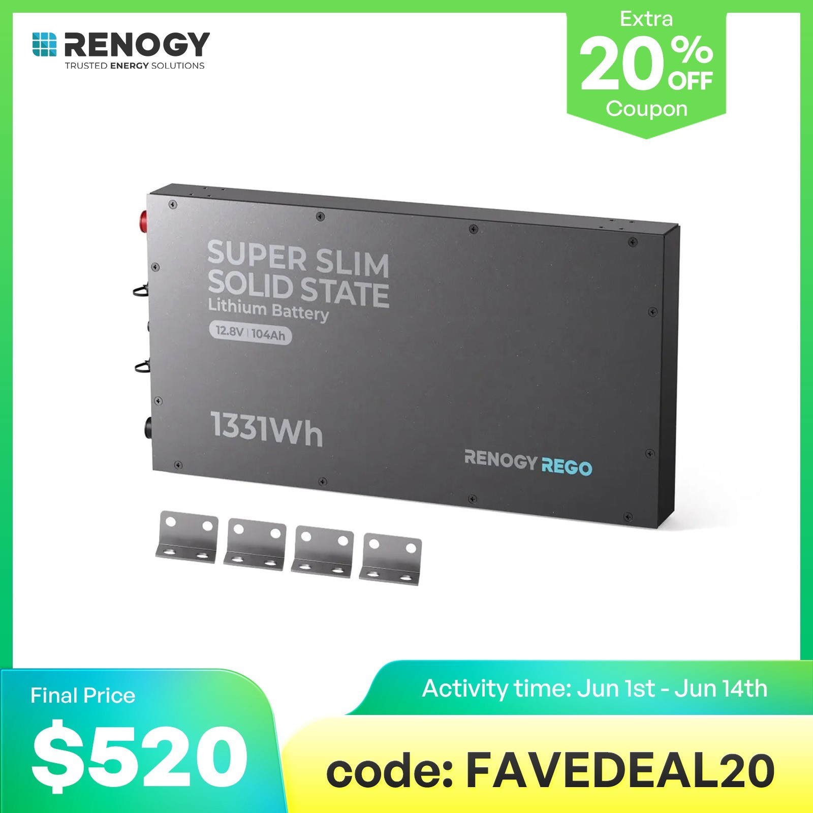 Renogy 12V 104Ah Super Slim Lithium Iron Phosphate Battery 6000+Cycles 80% DOD
