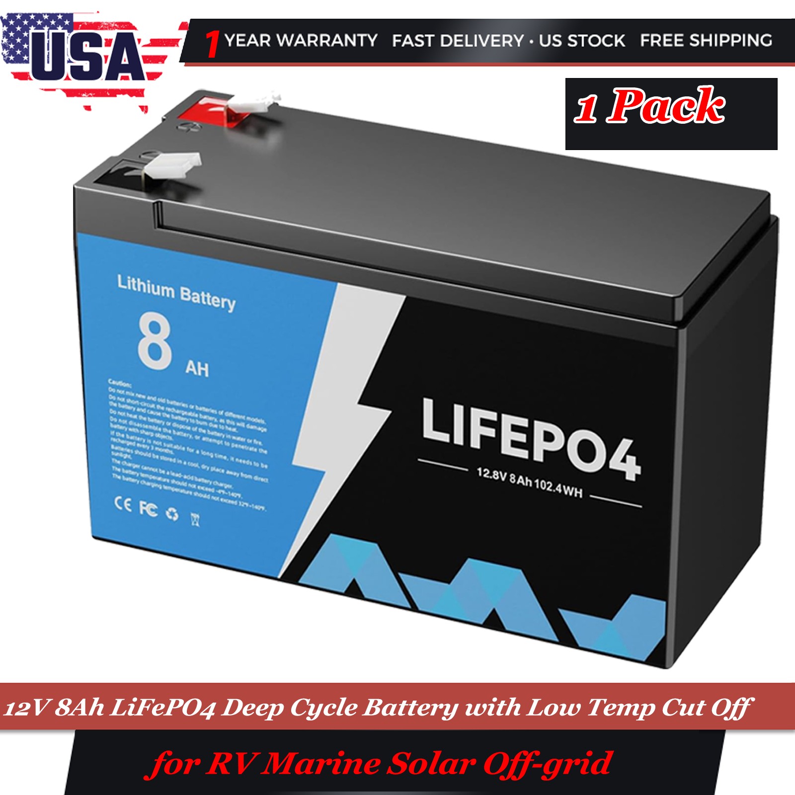 LiFePO4 Deep Cycle Rechargeable Lithium Battery 12V 8Ah Built-in BMS 5000+ Cycle