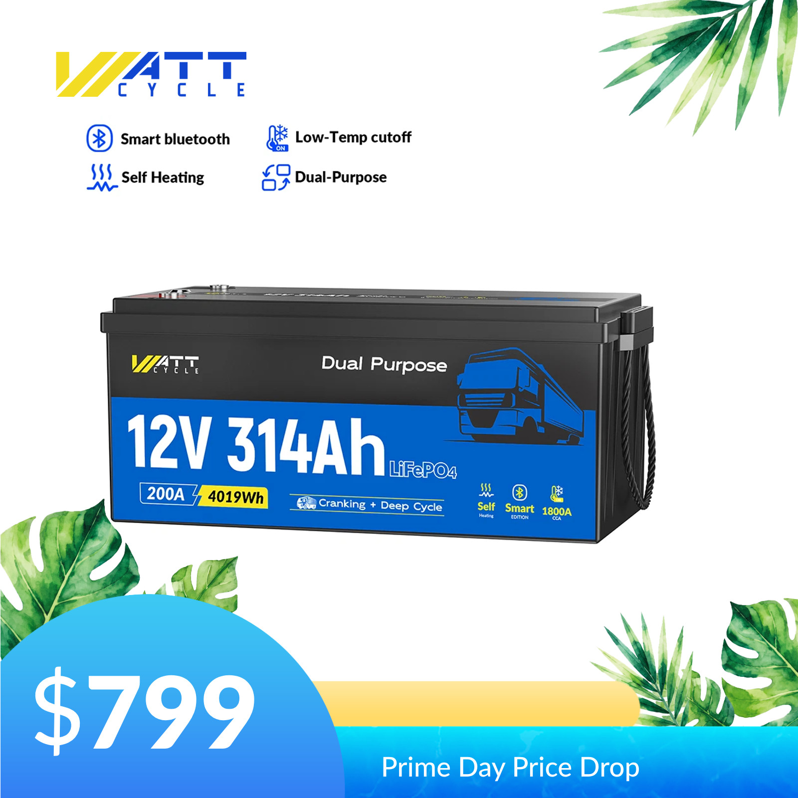 WattCycle 12V 314Ah 300Ah 1800 CCA Dual Purpose LiFePO4 Battery Self-Heating