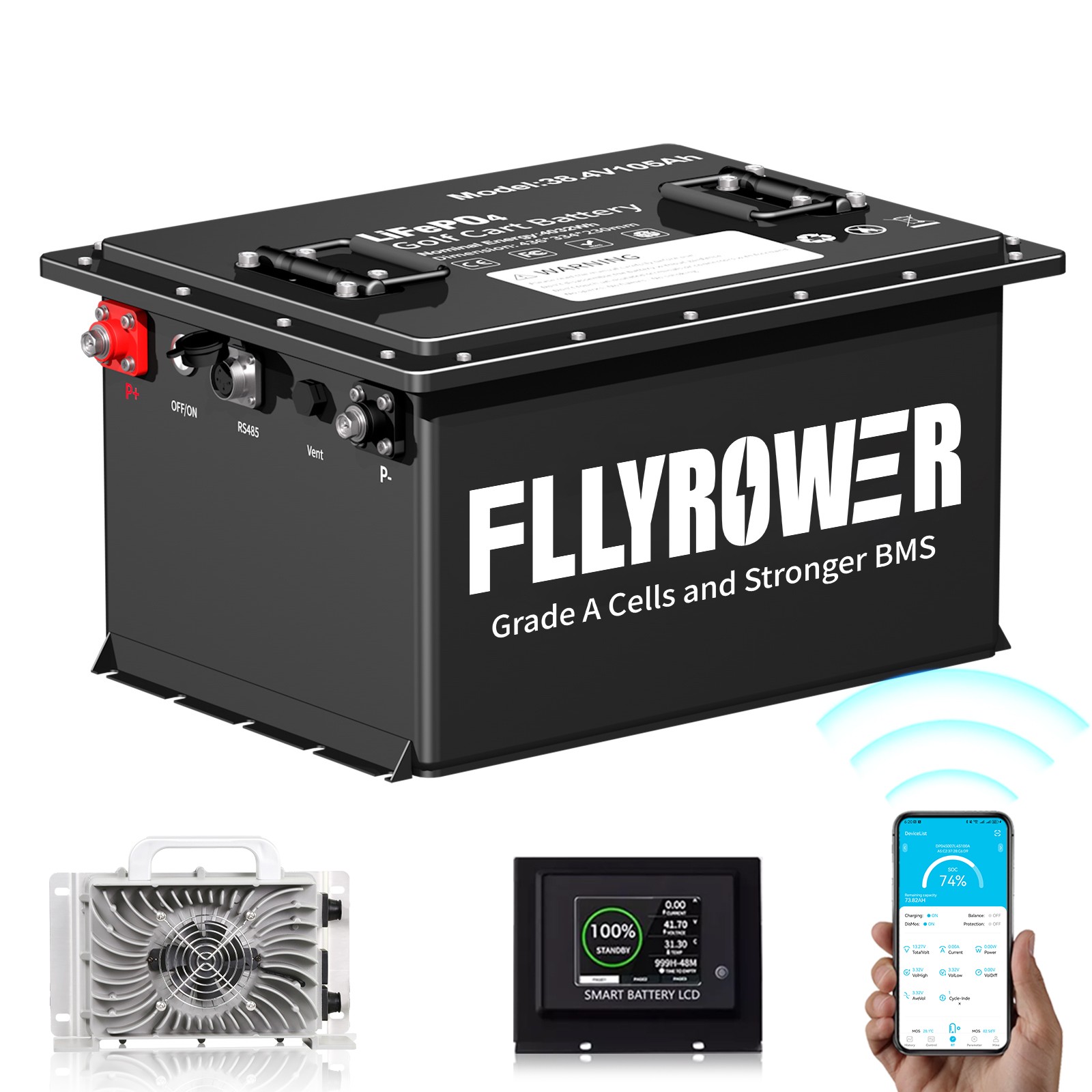 36V 105Ah Golf Cart LiFePO4 Lithium Battery 200A BMS +Monitor+Bluetooth+ Charger