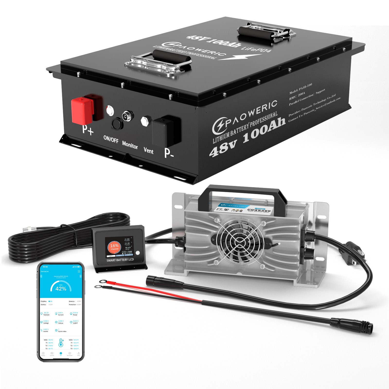 48V 100Ah LiFePO4 Golf Cart Battery w/APP, Monitor & Charger, 10-Yr Protect