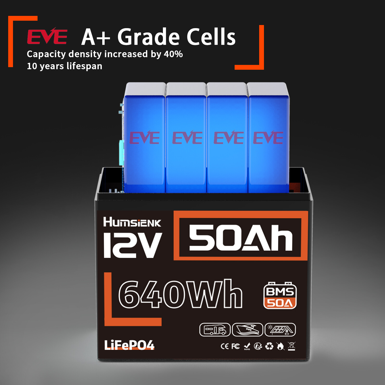 Humsienk 12V 50Ah LiFePO4 Lithium BMS Battery Deep Cycle Solar Camping Boat RV