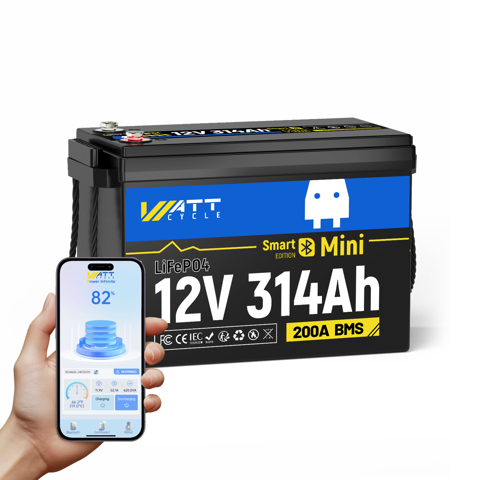 WattCycle 12V 100Ah 314Ah LiFePO4 Lithium Battery Deep Cycle for Marine Off-Grid