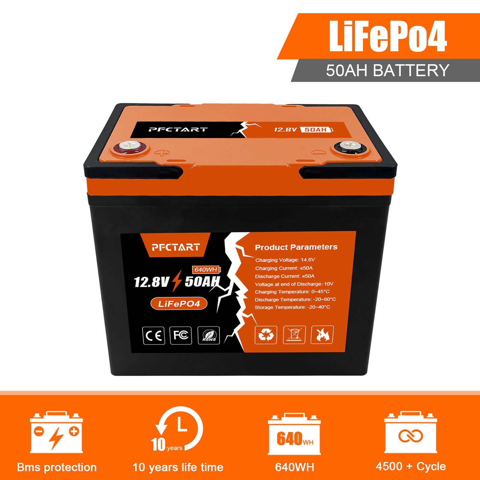 Deep Cycle 12V 50Ah LiFePO4 Lithium Iron Battery With BMS For RV Off-Grid US