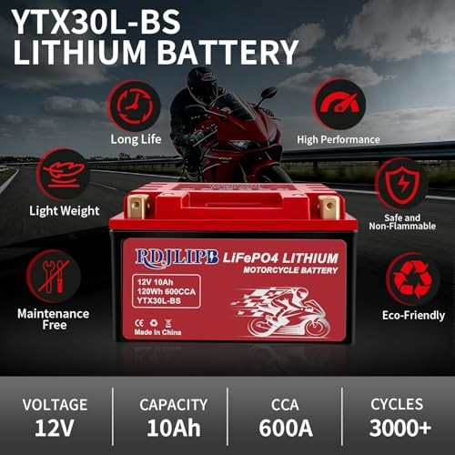 YTX30L-BS Lithium Battery, 12V 10Ah 600CCA LiFePO4 Motorcycle Battery for ATV,