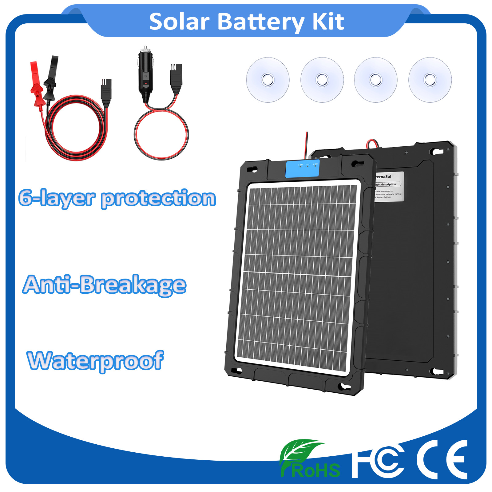 12W Solar Car Battery Trickle Charger Maintainer with Smart Controller RV US