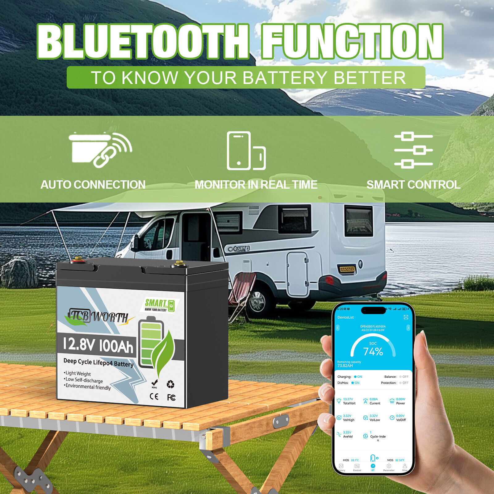 12V 100Ah Mini Smart Bluetooth Low Temp LiFePO4 Lithium Battery for Solar Marine