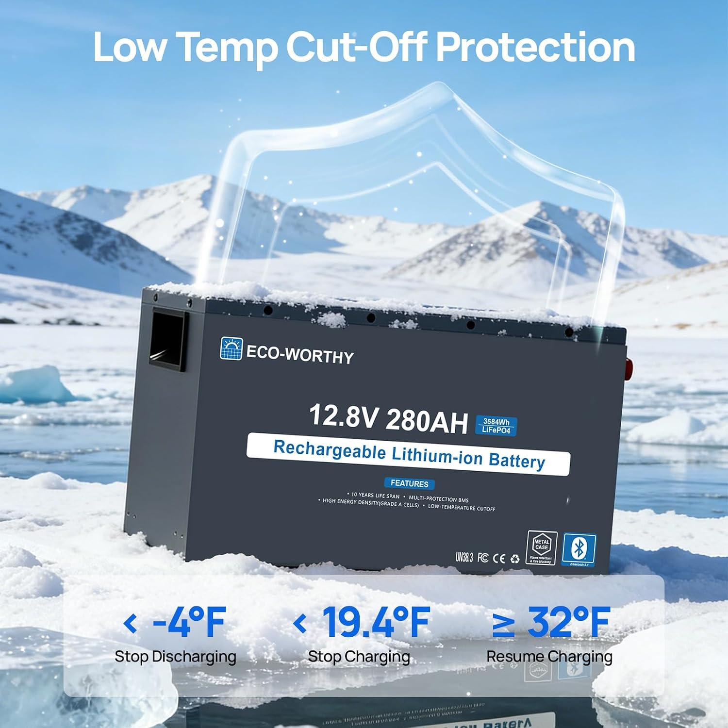 ECO-WORTHY 12V 280Ah Metal Case Lifepo4 Lithium Battery with Bluetooth, Low-Temp