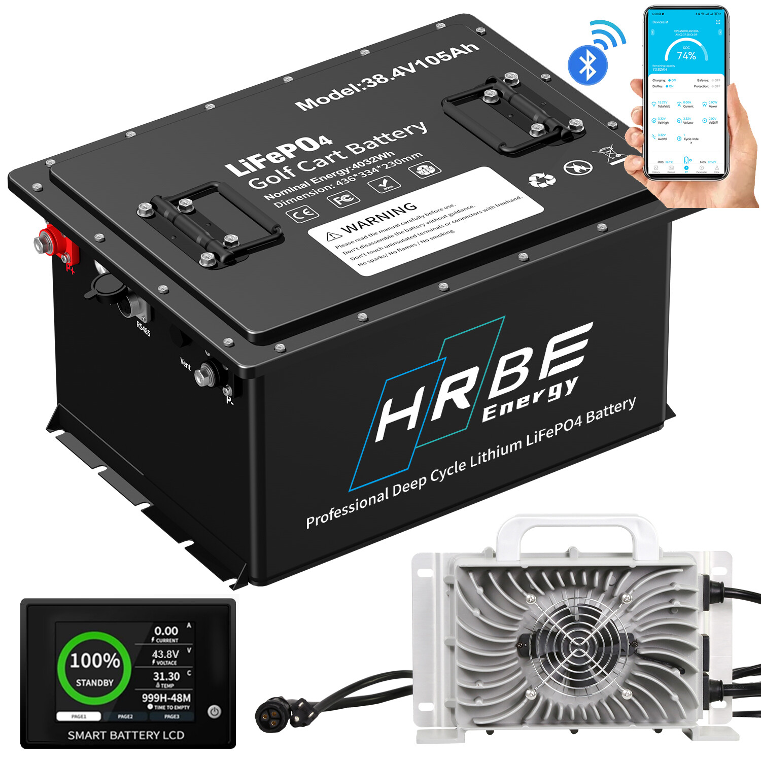 36V 105Ah LiFePO4 Golf Cart Battery kit with 20A charger & Touch Monitor & APP