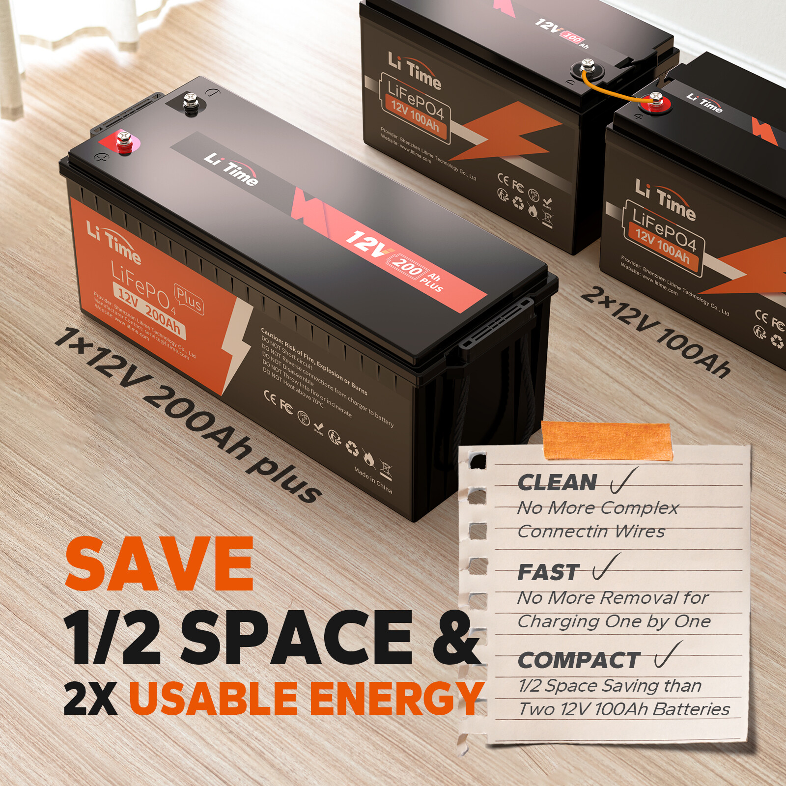 LiTime LiFePO4 Lithium Battery 12V 200Ah PLUS 200A BMS for RV Solar Off-Grid