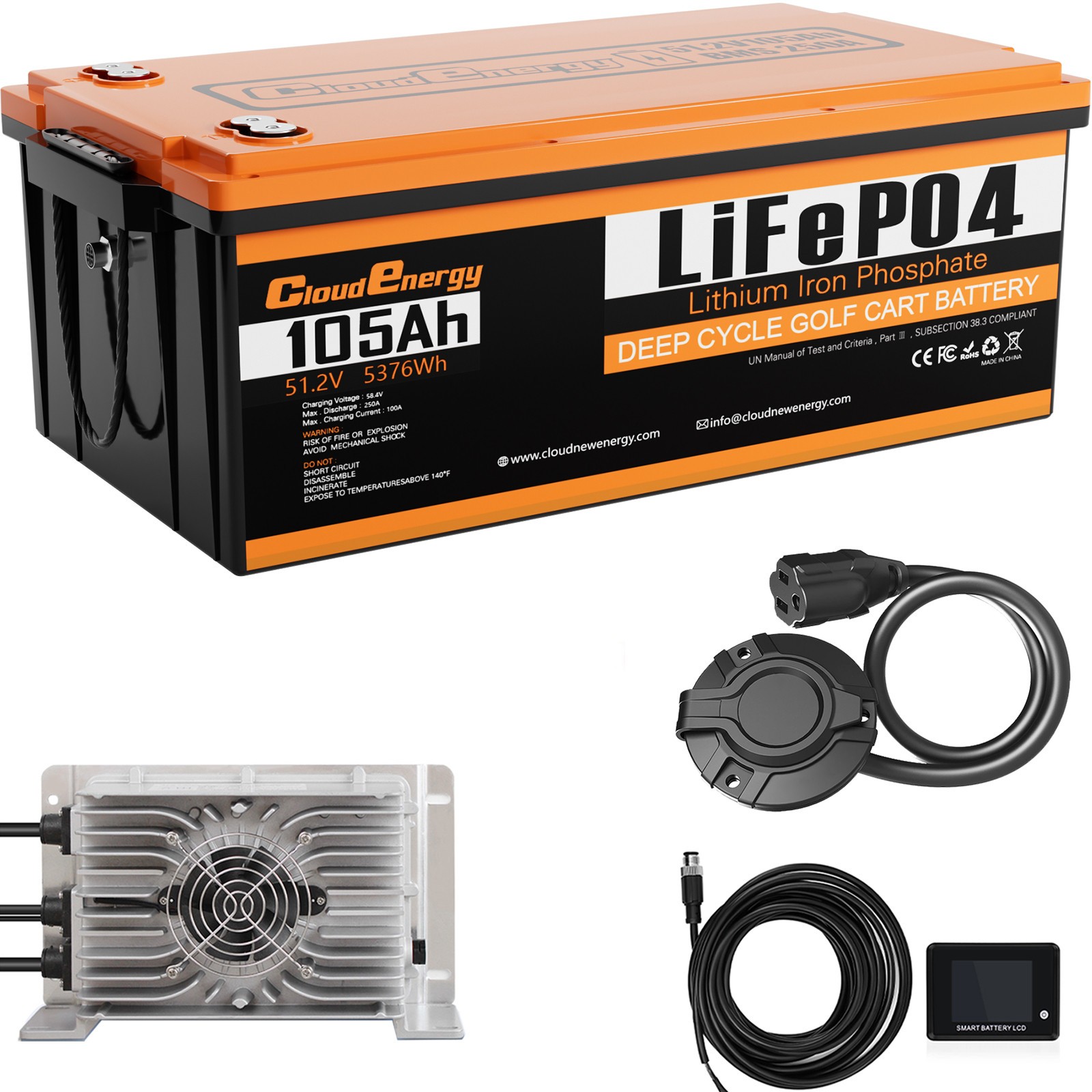Cloudenergy 48V(51.2V) 105AH LiFePO4 Lithium Golf Cart Battery Built-in 250A BMS