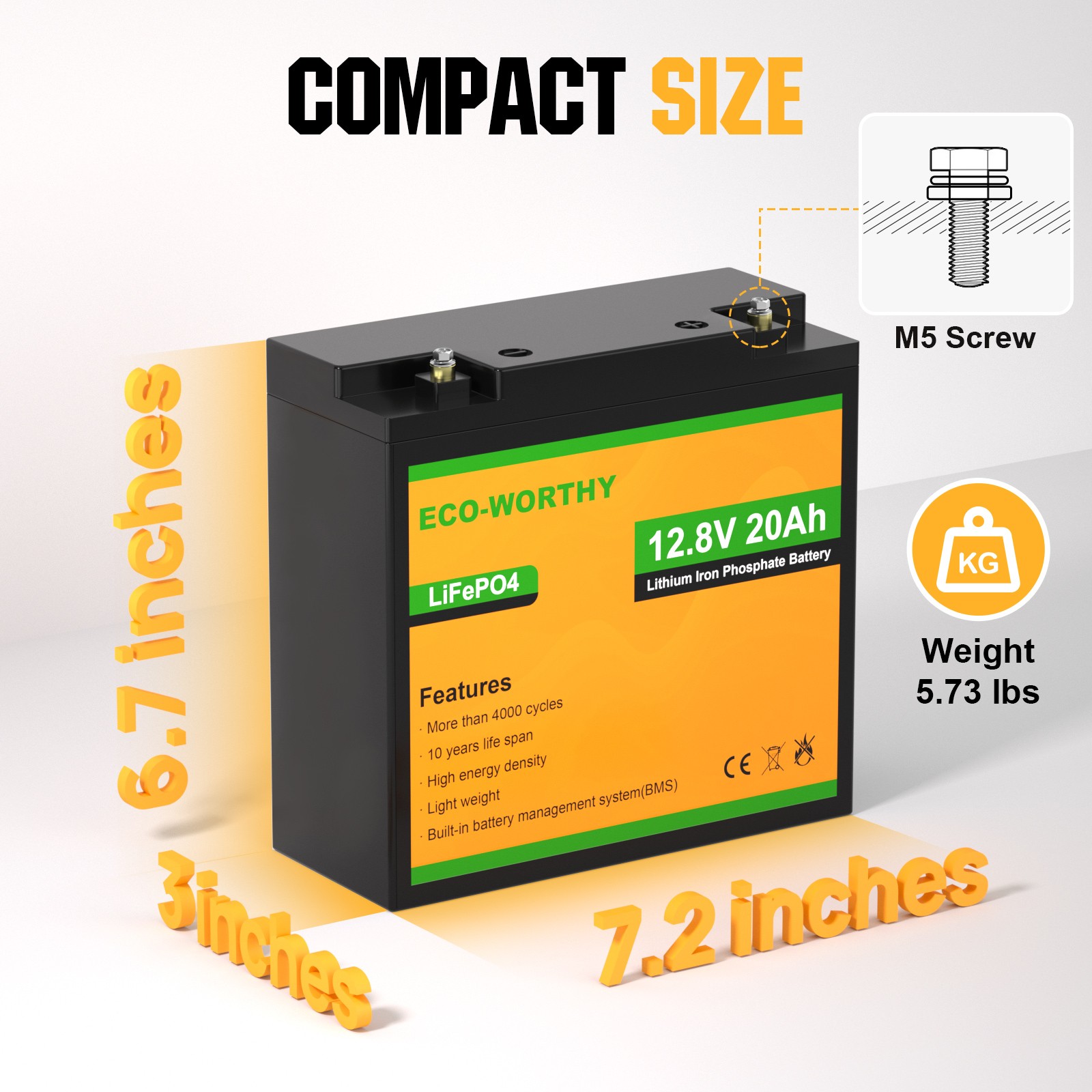 ECO-WORTHY 256Wh 12V 20Ah LiFePO4 Lithium Battery For Trolling Motor