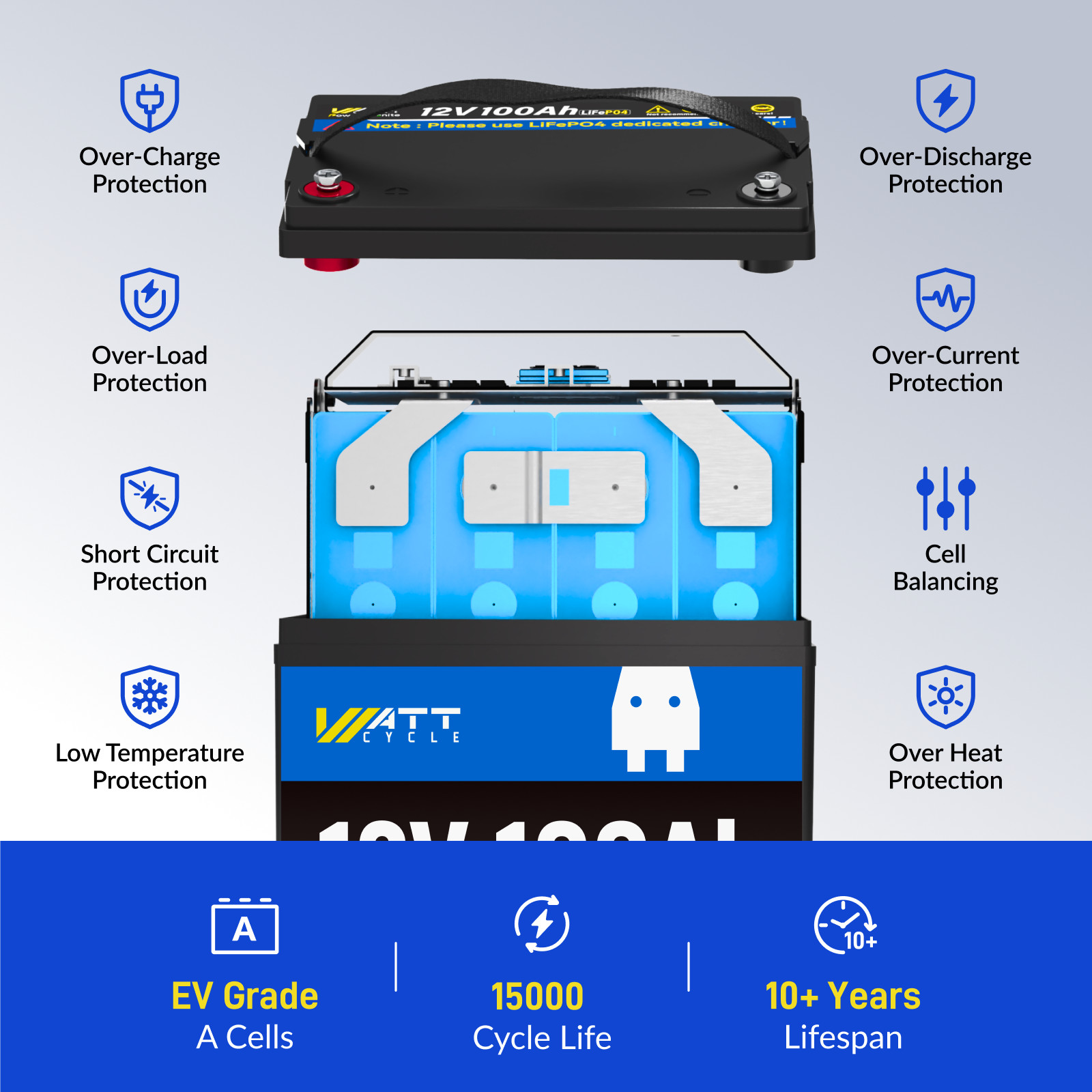 WattCycle 12V 100Ah 314Ah LiFePO4 Lithium Battery Deep Cycle for Marine Off-Grid