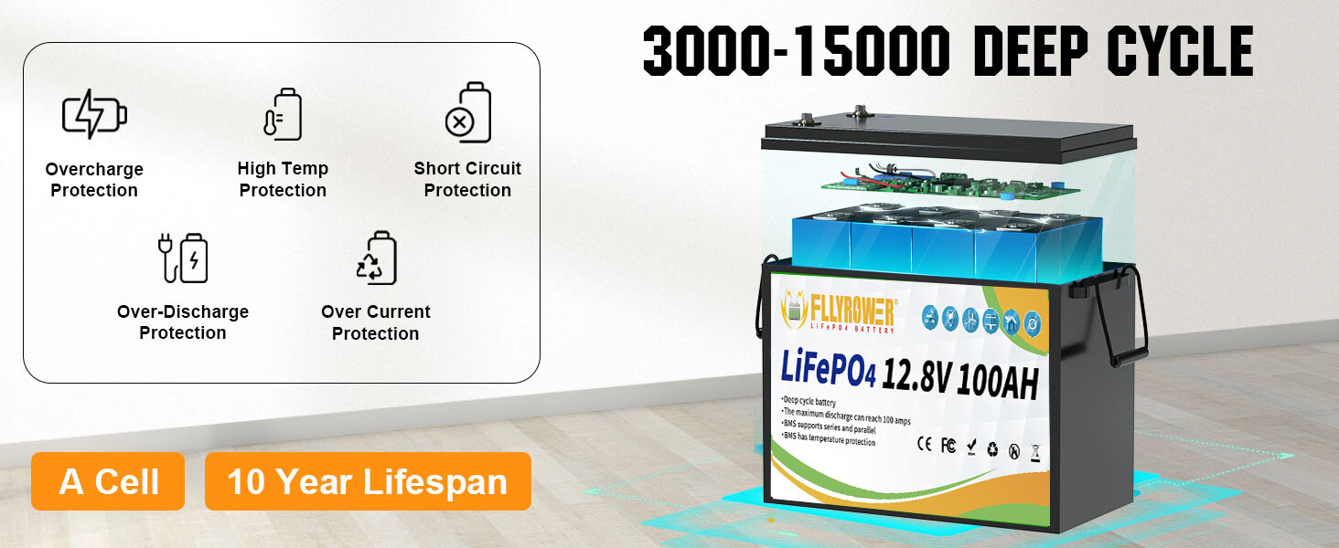 12V 100Ah LiFePO4 Deep Cycle Lithium Battery w/ 100A BMS for Solar RV Off-grid