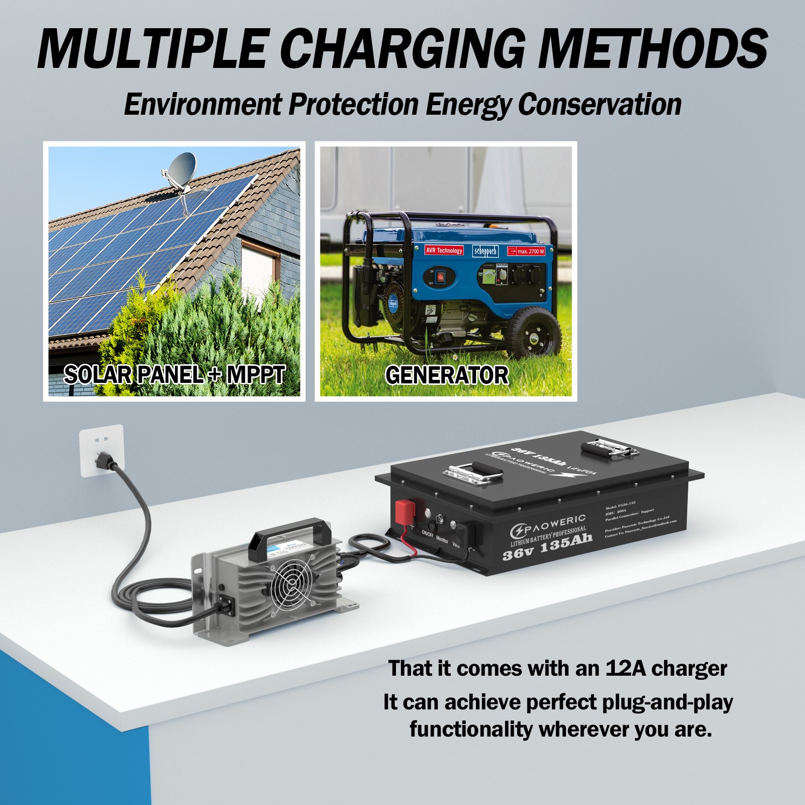 36V 135Ah LiFePO4 Lithium Golf Cart Battery 200A BMS Metal Case Solar Off-Grid