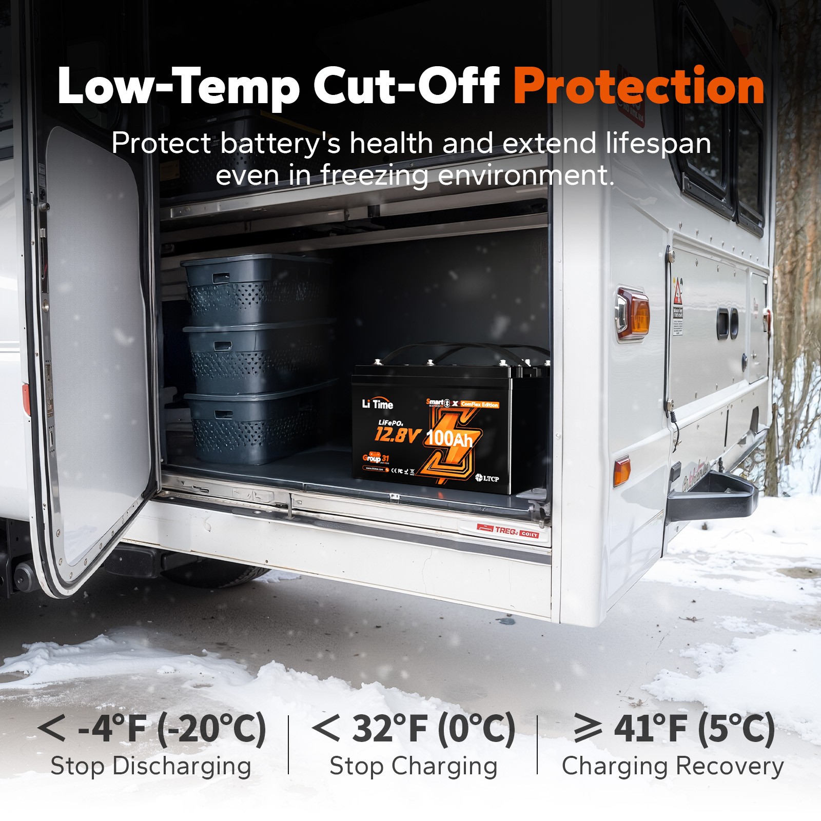 LiTime 12V 100Ah Bluetooth LiFePO4 Battery with Communication for RV Solar Home
