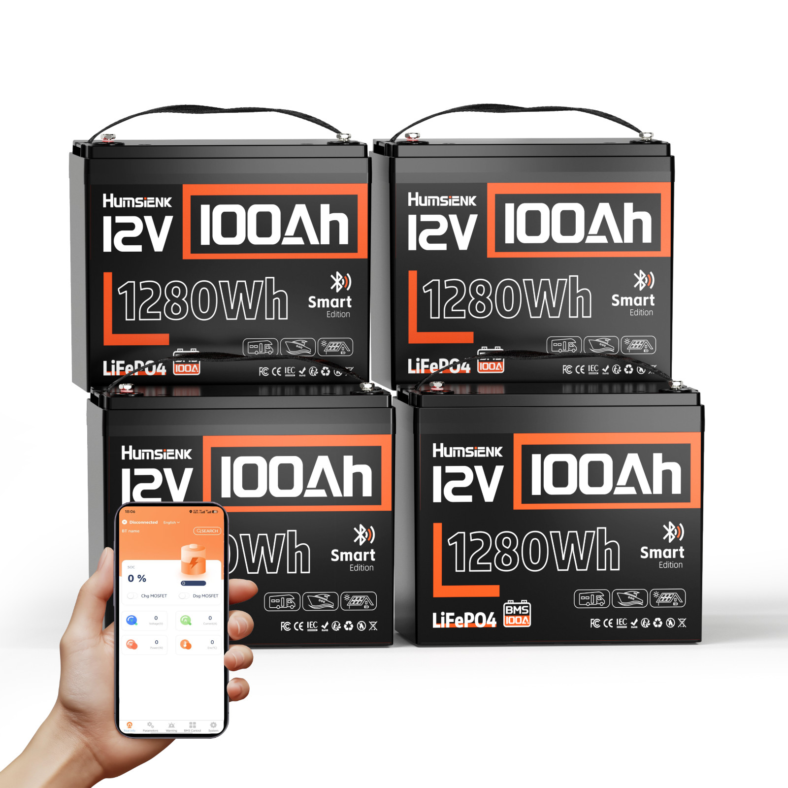 4Pack 12V 100Ah LiFePO4 Lithium Battery Bluetooth APP for Trolling Motor Camping