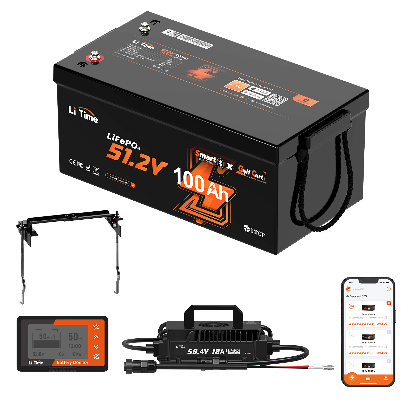 LiTime 48V 100Ah Bluetooth Golf Cart Lithium Battery Charger Monitor Fix Rod Set