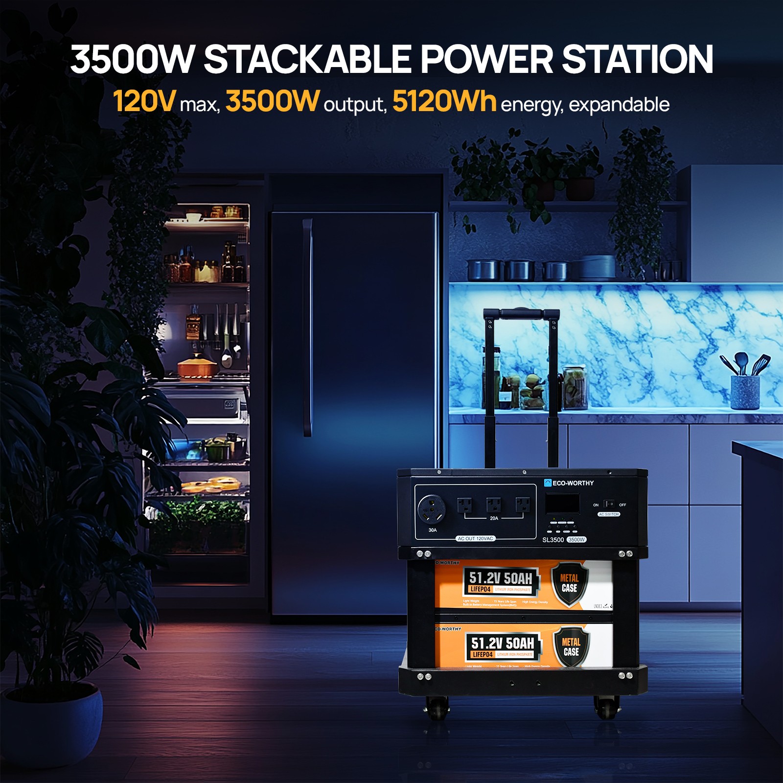 ECO-WORTHY 5120Wh 2Pack 48V 50Ah Lithium Battery+3500kw Solar Inverter For Home
