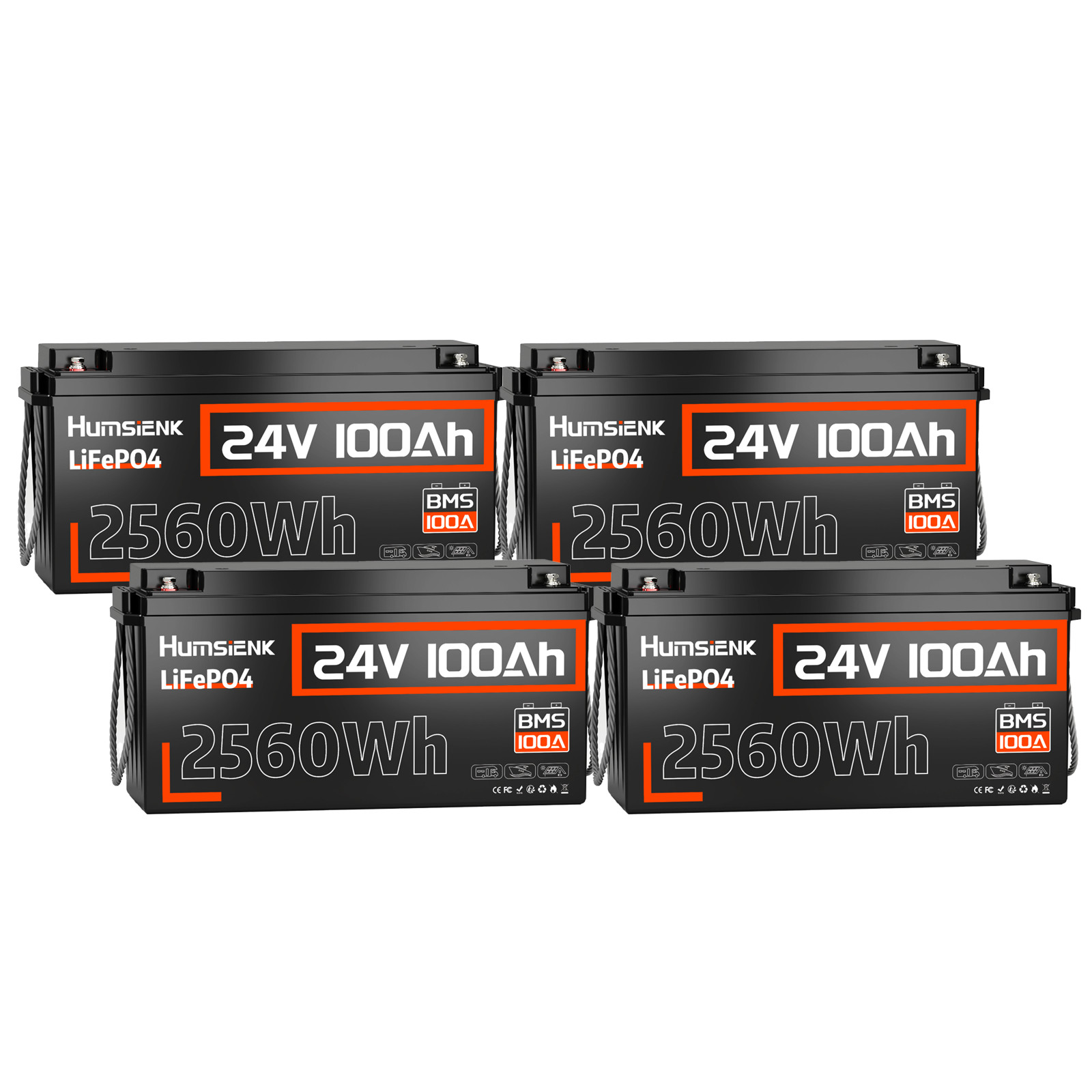 Humsienk 4Pack 24V 100Ah LiFePO4 Battery Lithium A+ Cell Solar Energy Camping