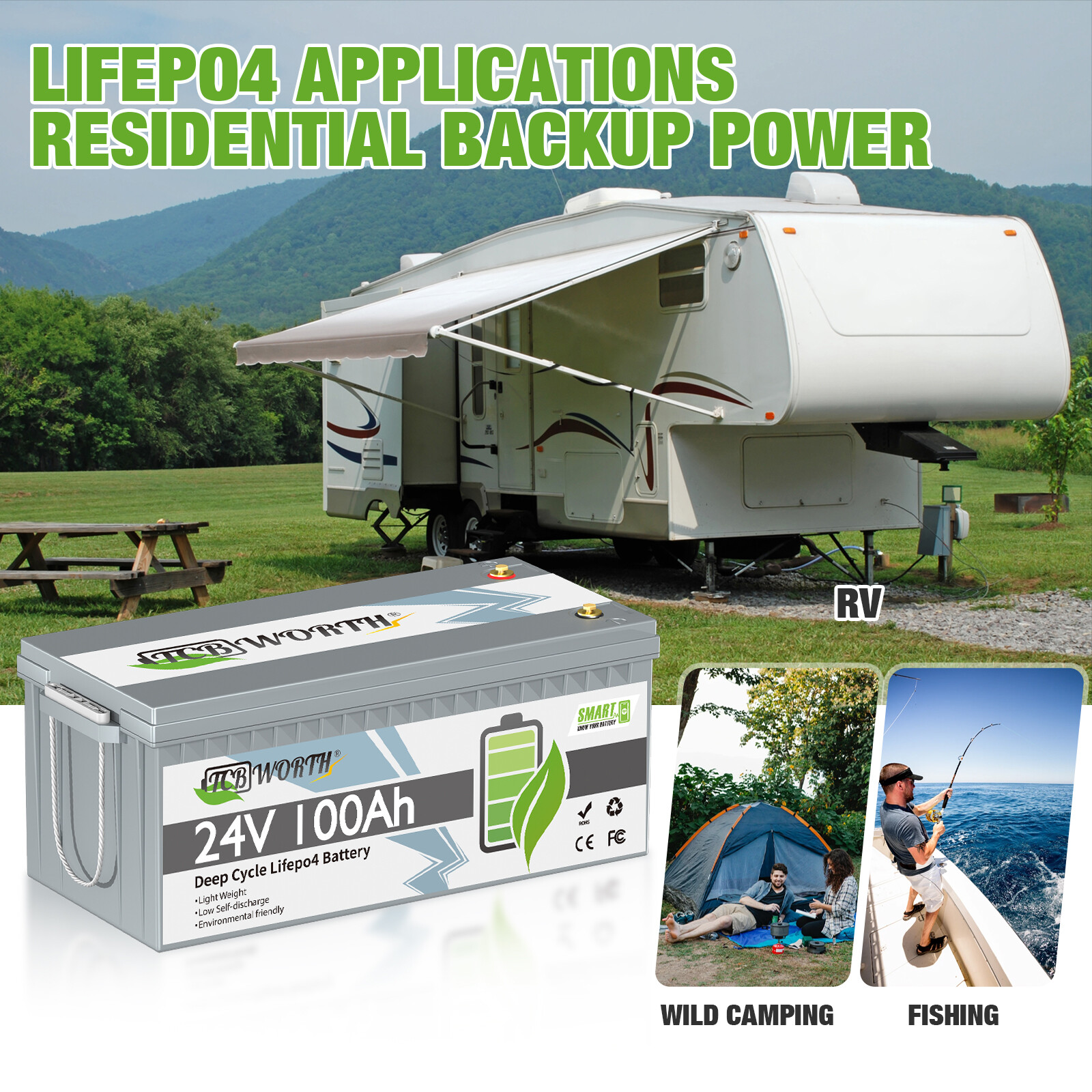 24V 100Ah LiFePO4 Lithium Battery Smart for RV Camping Marine Solar System