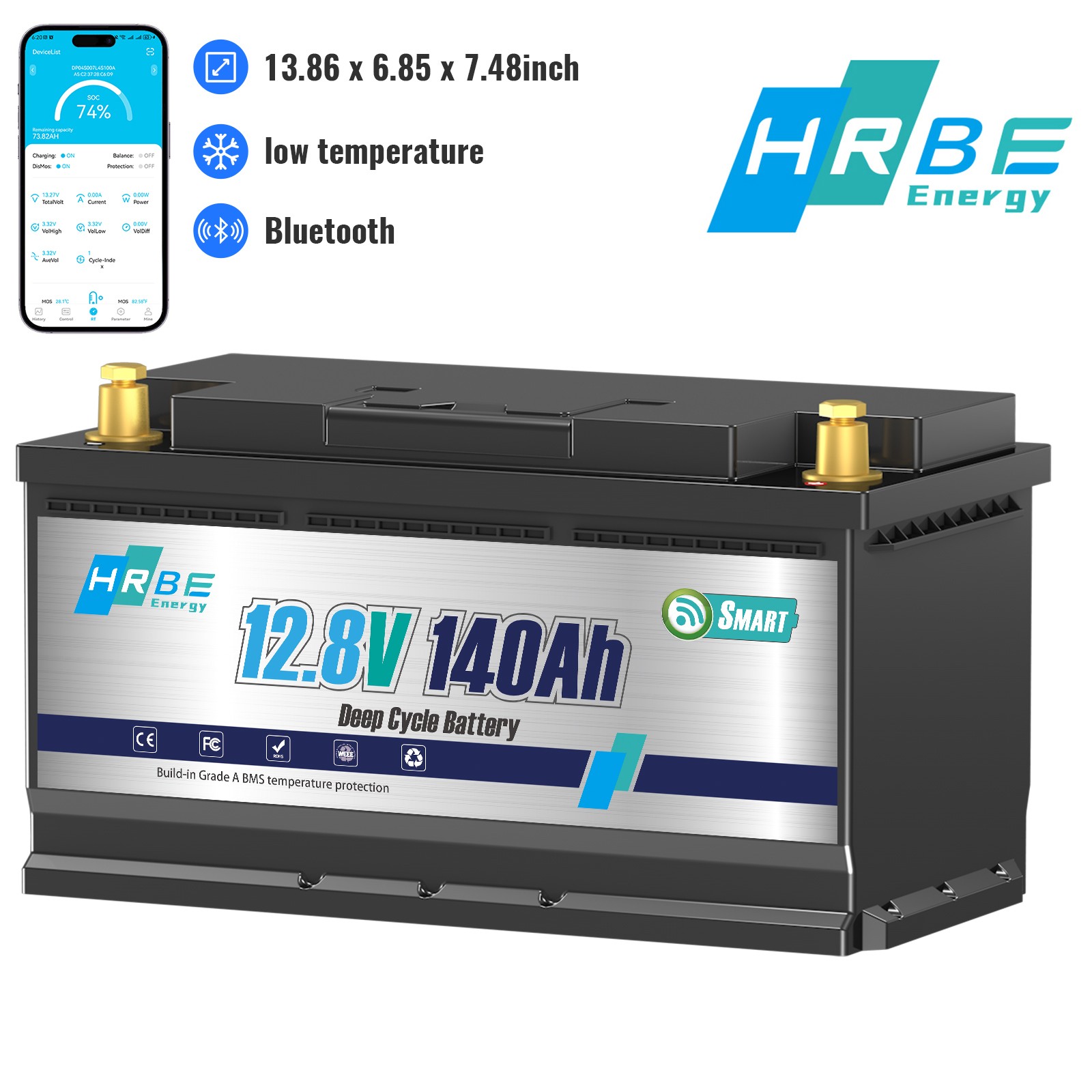 HRBEENERGY 12V 140Ah Bluetooth LiFePO4 Lithium Battery 1792W For RV Marine L352
