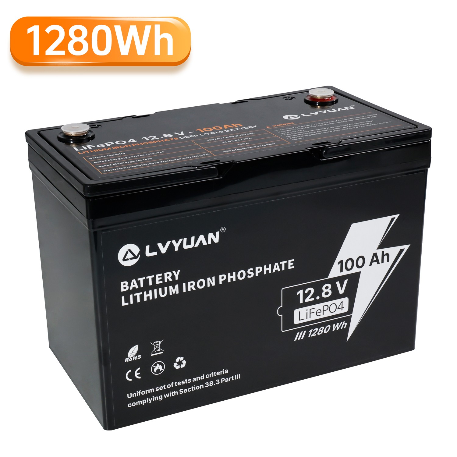 12.8V LiFePO4 Lithium Battery 100AH 1280WH 4000+ Deep Cycle For RV/Marine/Solar