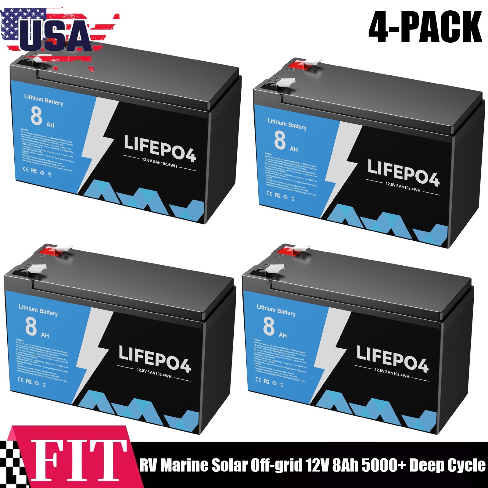 4-PACK 12V 8AH LiFePO4 Lithium Battery BMS Deep Cycle For RV Solar Panel Marine