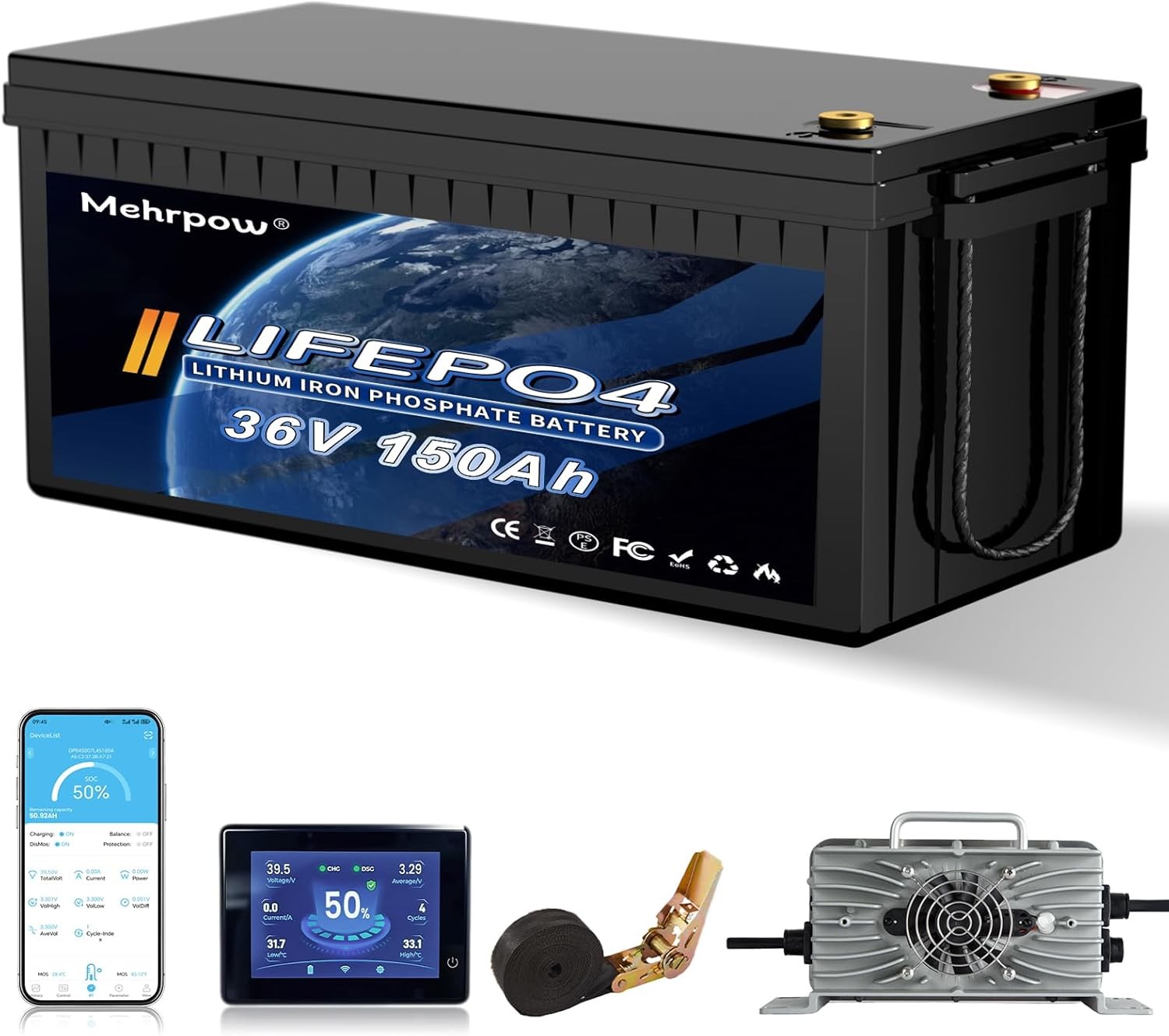 36V 150Ah LiFePO4 Golf Cart Lithium Battery 200A BMS Bluetooth +25A Charger RV