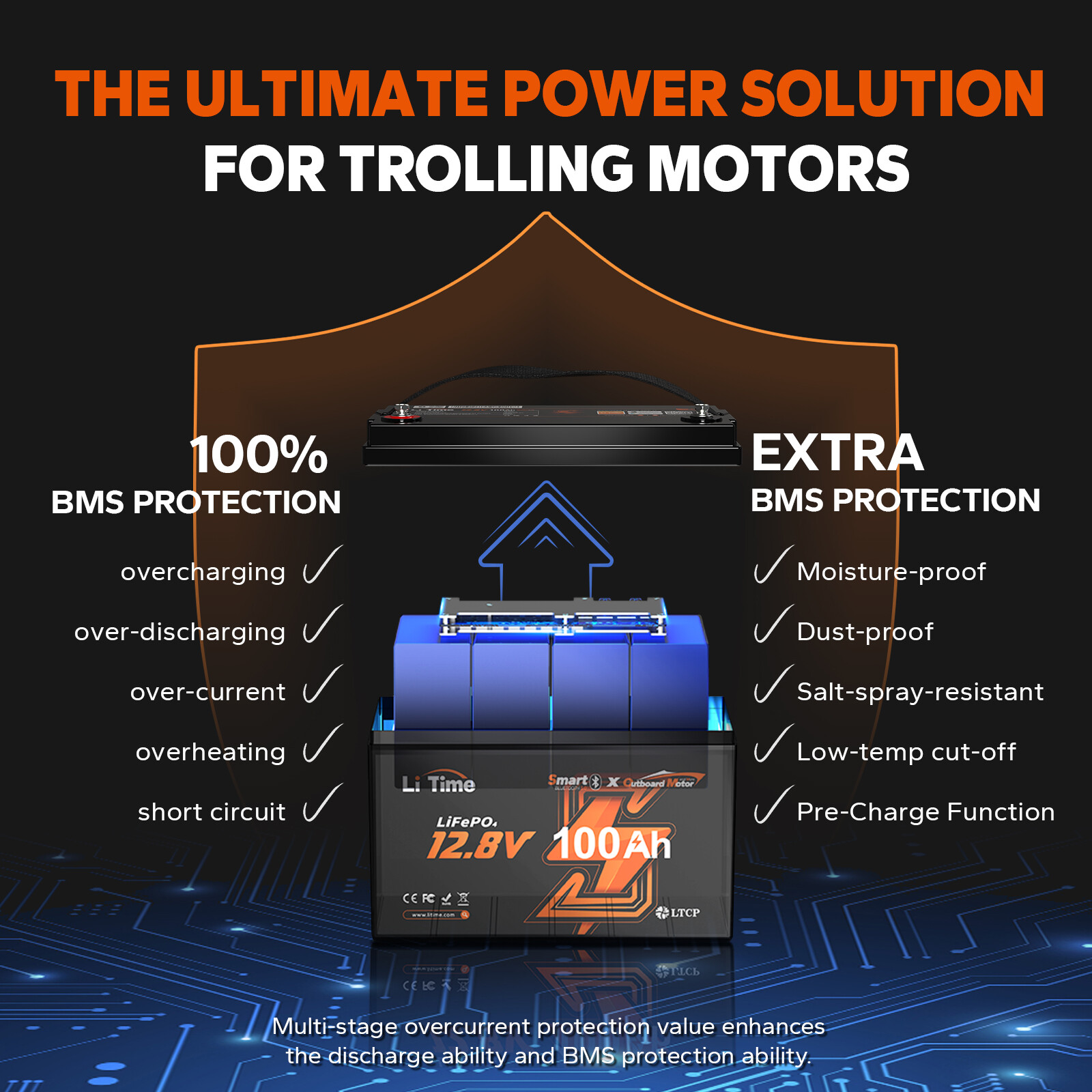 LiTime 12V 100Ah OBM Lithium Marine Battery for Outboard Motors-Refurbished