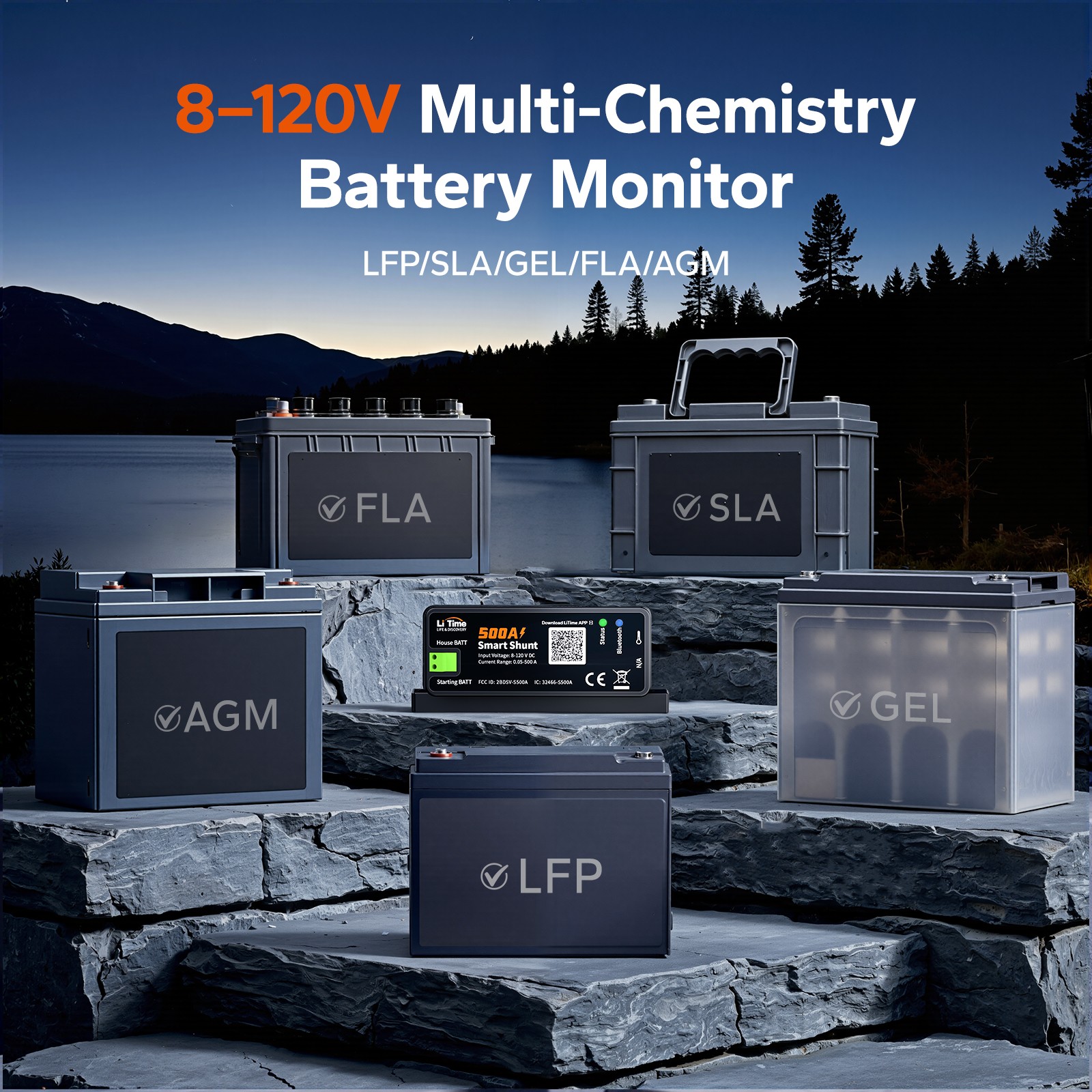 LiTime 8-120V 500A Smart Bluetooth Shunt Battery Monitor for LFP SLA FLD AGM GEL