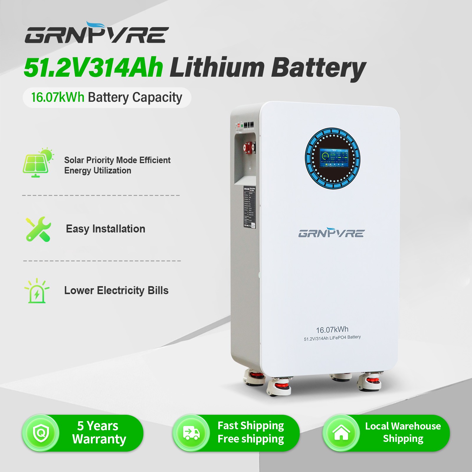 6* 51.2V 314Ah LiFePO4 Lithium Battery 16.07kWh For Home Solar Energy Storage PV