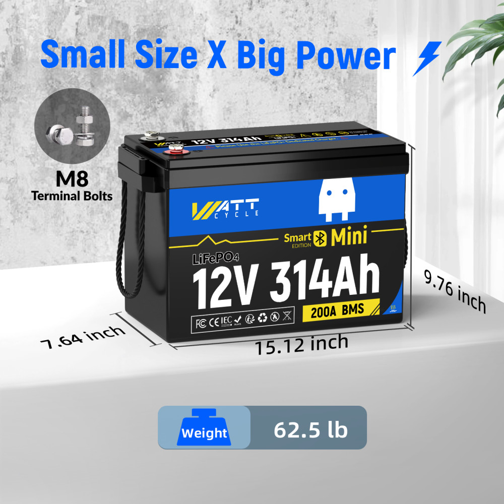 Wattcycle 314Ah 12V Lithium Battery 300Ah Deep Cycle for RV Solar Trolling Motor