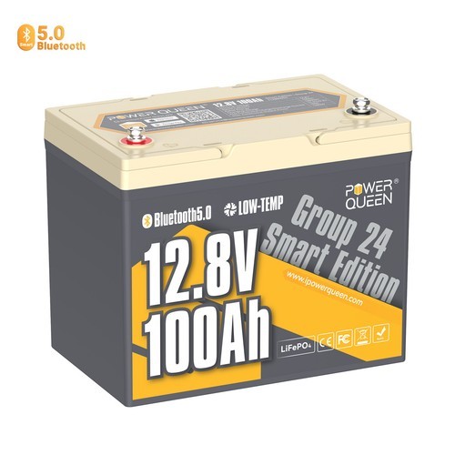 Power Queen 12V 100Ah Bluetooth Group 24 LiFePO4 Battery BMS for Solar RV Marine