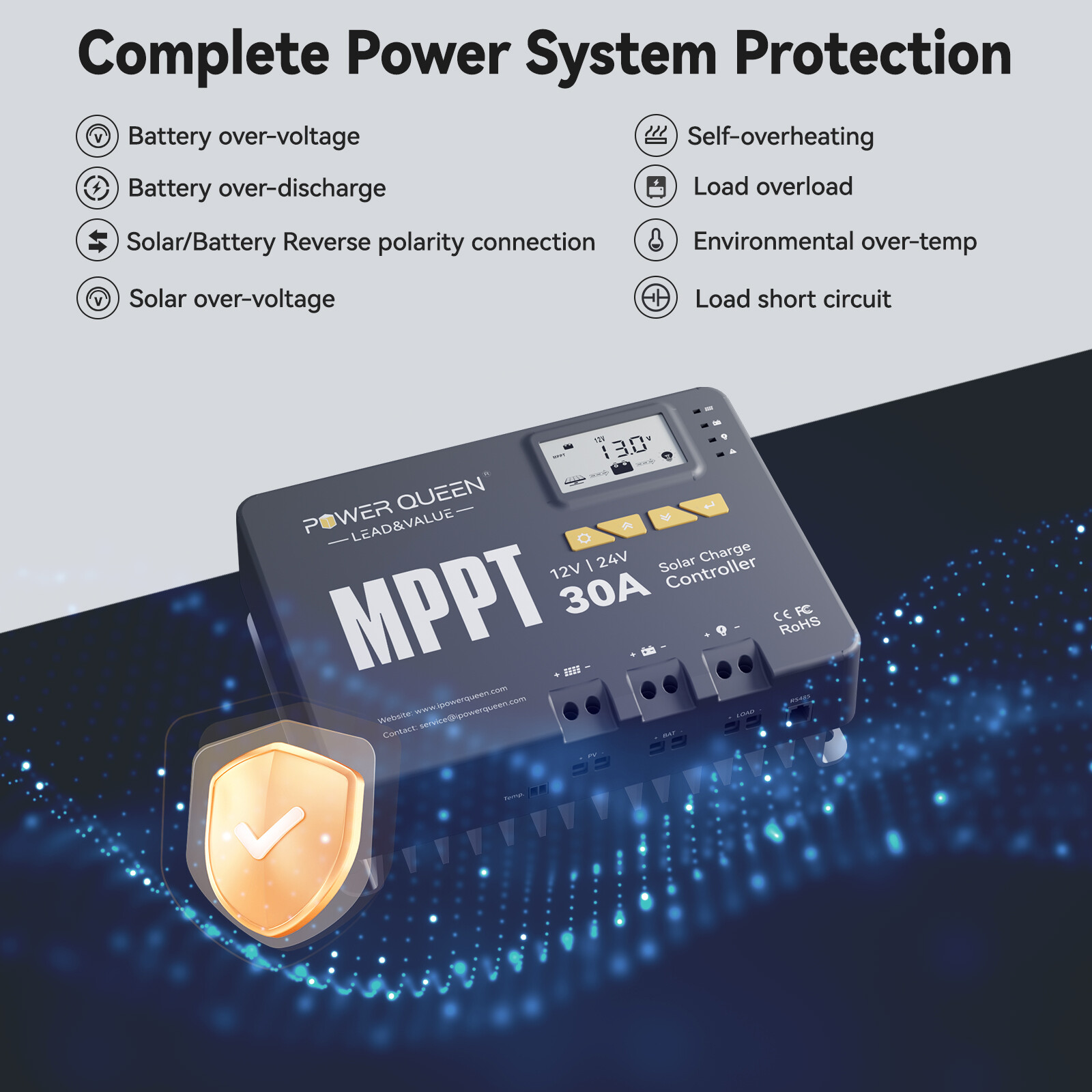 Power Queen 12V 24V 30A MPPT Smart Solar Charge Controller Regulator Bluetooth