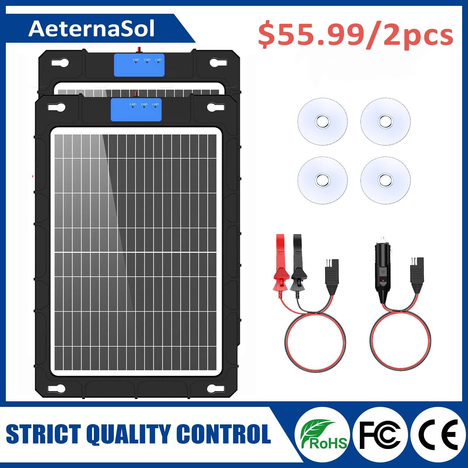 AeternaSol 2Pack Solar Panel 12V Trickle Battery Charger Kit Maintainer Boat Car