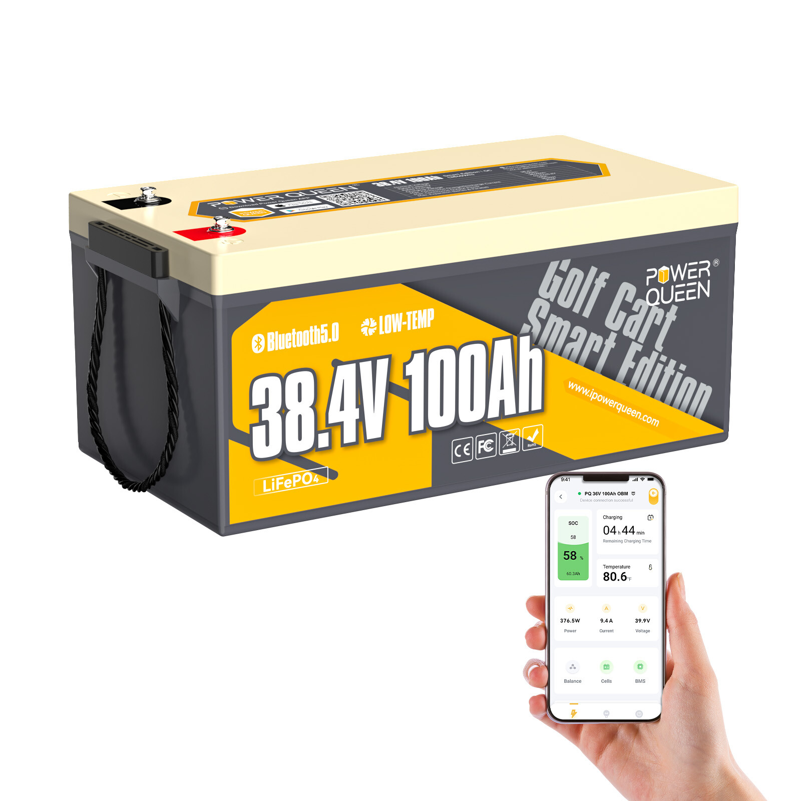 Power Queen 36V 100Ah Bluetooth LiFePO4 Battery BMS For Outboard Trolling Motor