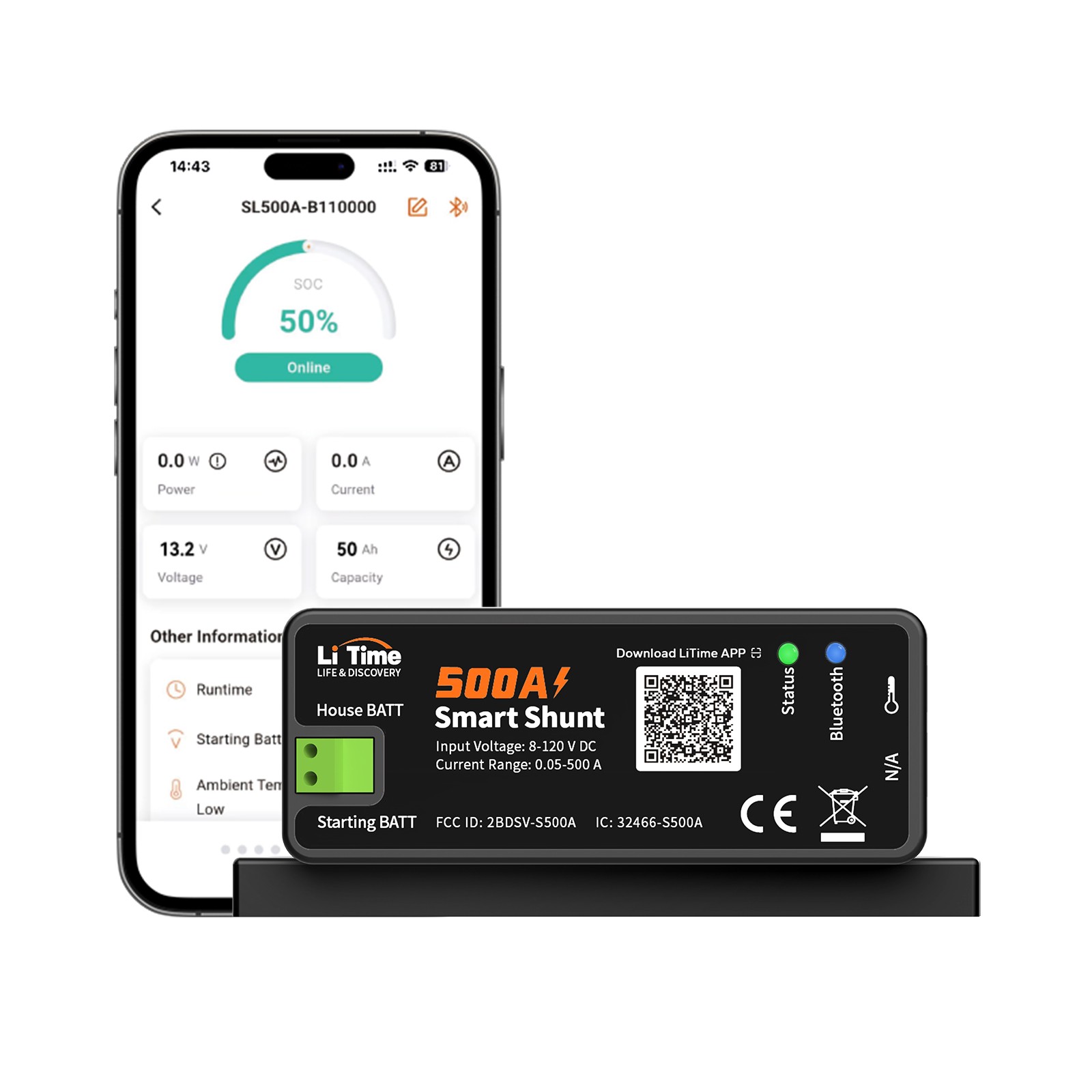 LiTime 500A Smart Bluetooth Shunt Battery Monitor for 8-120V Lithium LFP AGM Gel