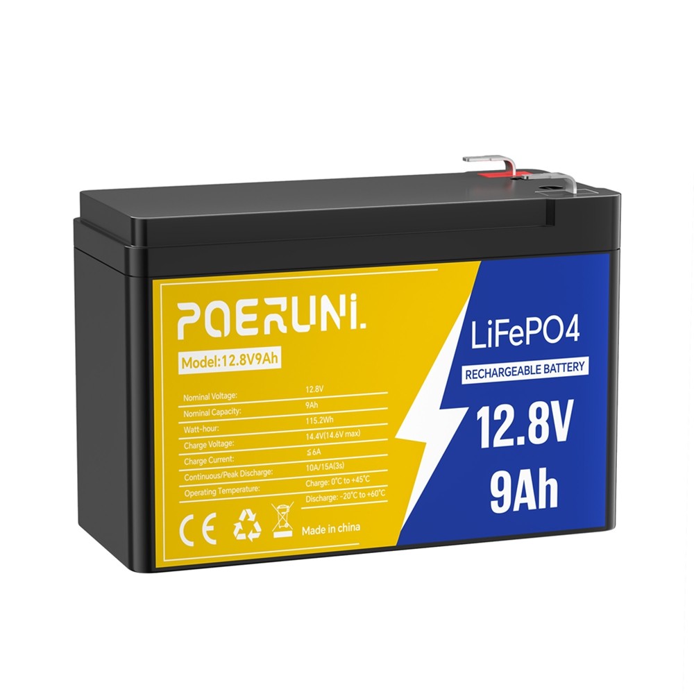 POERUNI 12V 9Ah LiFePO4 Battery 2000 Deep Cycle Lithium Battery BMS for Solar