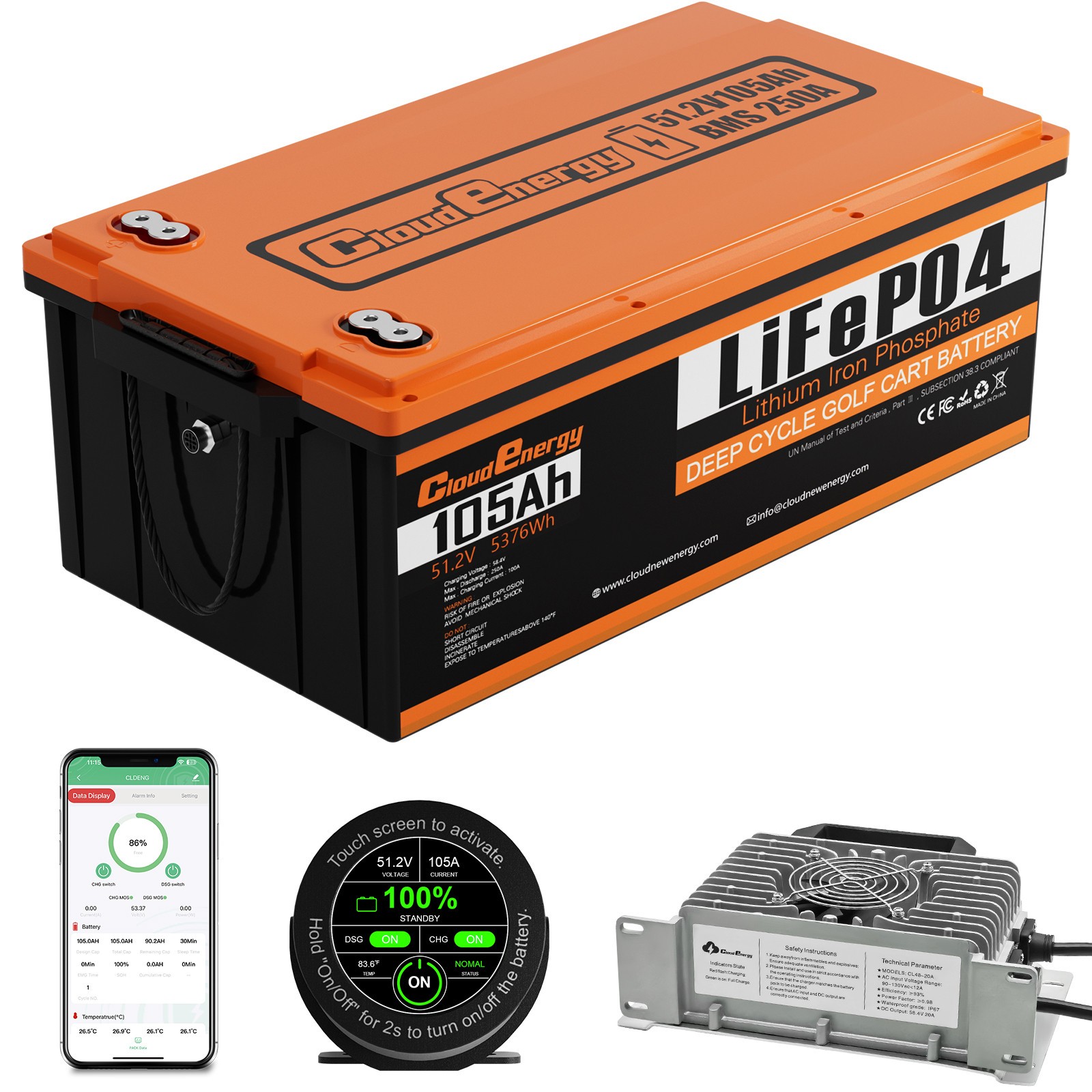 Cloudenergy 48V(51.2V) 105AH LiFePO4 Lithium Golf Cart Battery Built-in 250A BMS