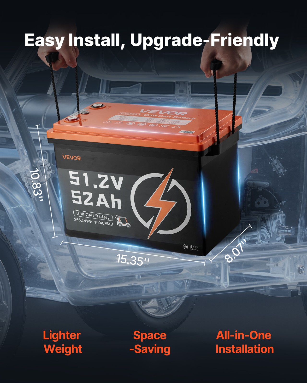 VEVOR 48V 52AH Lithium Golf Cart Battery Lifepo4 15A Charger Bluetooth APP