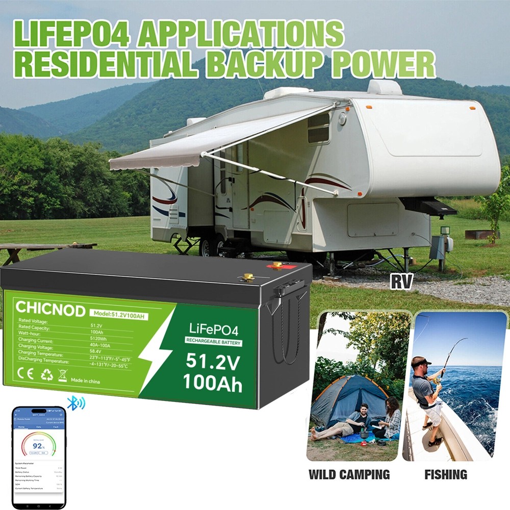 48V 100Ah LiFePO4 Lithium Battery 51.2V Bluetooth Built-in BMS For RV Golf Cart